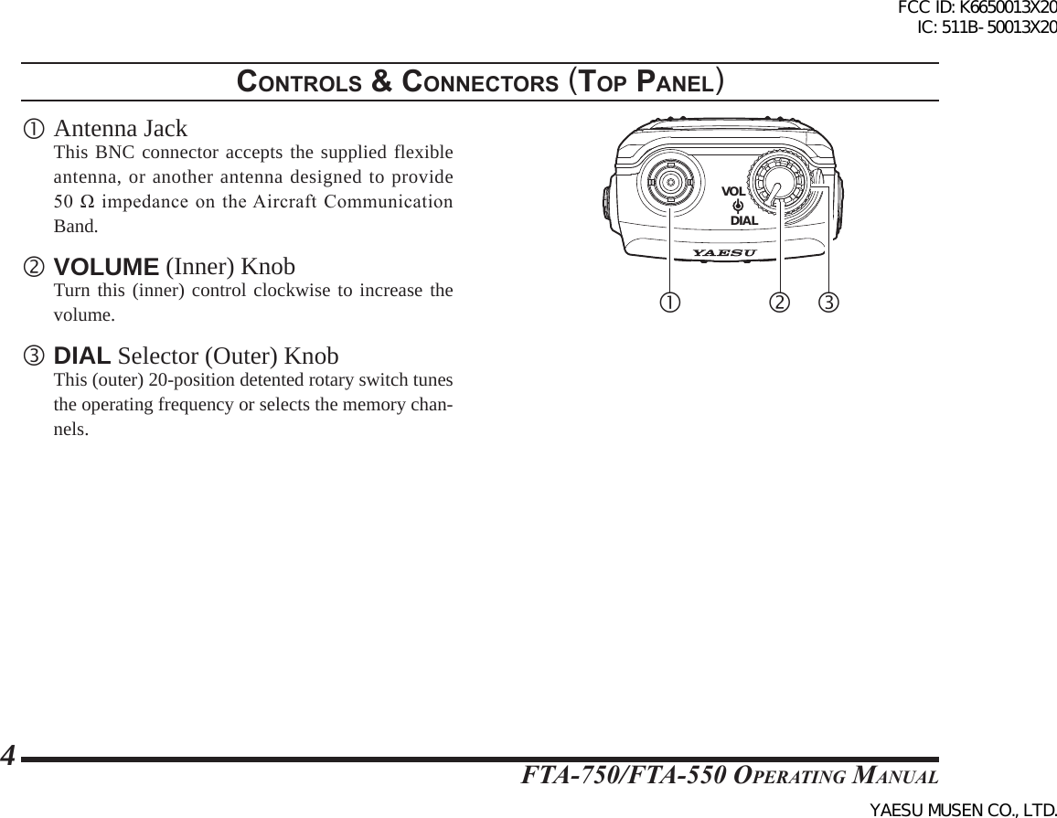 FTA-750/FTA-550 OperATing MAnuAl4controls &amp; connectors (top panel) Antenna Jack  This BNC connector accepts the supplied flexible antenna, or another antenna designed to provide 50  Ω  impedance on  the Aircraft  Communication Band. VOLUME (Inner) Knob  Turn this (inner) control clockwise to increase the volume.  DIAL Selector (Outer) Knob  This (outer) 20-position detented rotary switch tunes the operating frequency or selects the memory chan-nels.DIALVOL  FCC ID: K6650013X20 IC: 511B-50013X20YAESU MUSEN CO., LTD.