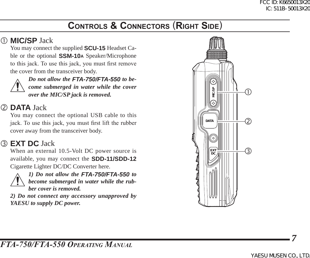 FTA-750/FTA-550 OperATing MAnuAl7 MIC/SP Jack  You may connect the supplied SCU-15 Headset Ca-ble or the optional SSM-10A Speaker/Microphone to this jack. To use this jack, you must rst remove the cover from the transceiver body.Do not allow the FTA-750/FTA-550 to be-come submerged in water while the cover over the MIC/SP jack is removed.  DATA Jack  You may connect the optional USB cable to this jack. To use this jack, you must rst lift the rubber cover away from the transceiver body. EXT DC Jack  When an external 10.5-Volt DC power source is available, you may connect the SDD-11/SDD-12 Cigarette Lighter DC/DC Converter here.1) Do not allow the FTA-750/FTA-550 to become submerged in water while the rub-ber cover is removed.  2) Do not connect any accessory unapproved by YAESU to supply DC power. controls &amp; connectors (rIght sIde)DATAMIC/SPEXTDCPTTSQLFCC ID: K6650013X20 IC: 511B-50013X20YAESU MUSEN CO., LTD.