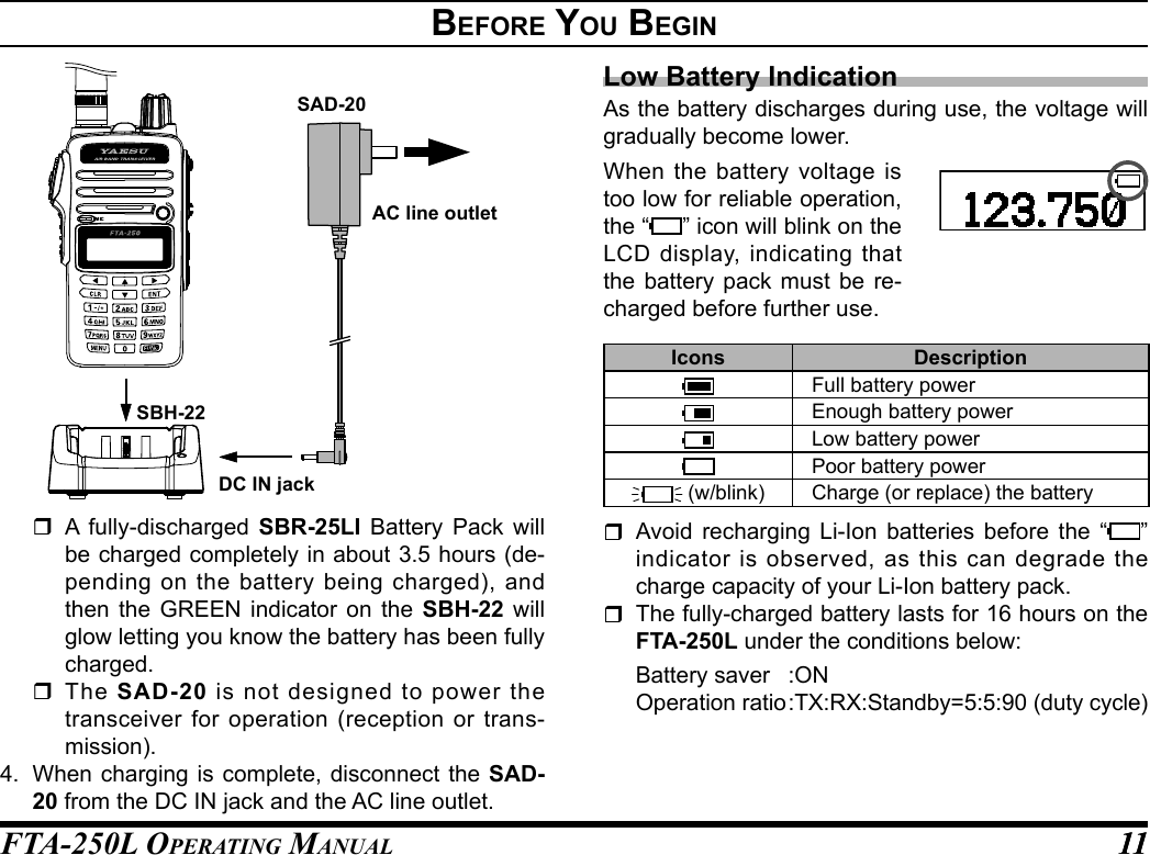 FTA-250L OperATing MAnuAL 1111Before you BegInAC line outletSAD-20SBH-22DC IN jack A fully-discharged SBR-25LI Battery Pack will be charged completely in about 3.5 hours (de-pending on the battery being charged), and then the GREEN indicator on the SBH-22 will glow letting you know the battery has been fully charged.  The SAD-20 is not designed to power the transceiver for operation (reception or trans-mission).4.  When charging is complete, disconnect the SAD-20 from the DC IN jack and the AC line outlet.Low Battery IndicationAs the battery discharges during use, the voltage will gradually become lower.When the battery voltage is too low for reliable operation, the “ ” icon will blink on the LCD display, indicating that the battery pack must be re-charged before further use.Icons DescriptionFull battery powerEnough battery powerLow battery powerPoor battery power (w/blink) Charge (or replace) the battery Avoid recharging Li-Ion batteries before the “ ”  indicator is observed, as this can degrade the charge capacity of your Li-Ion battery pack.  The fully-charged battery lasts for 16 hours on the FTA-250L under the conditions below:  Battery saver  :ON  Operation  ratio :TX:RX:Standby=5:5:90  (duty cycle)