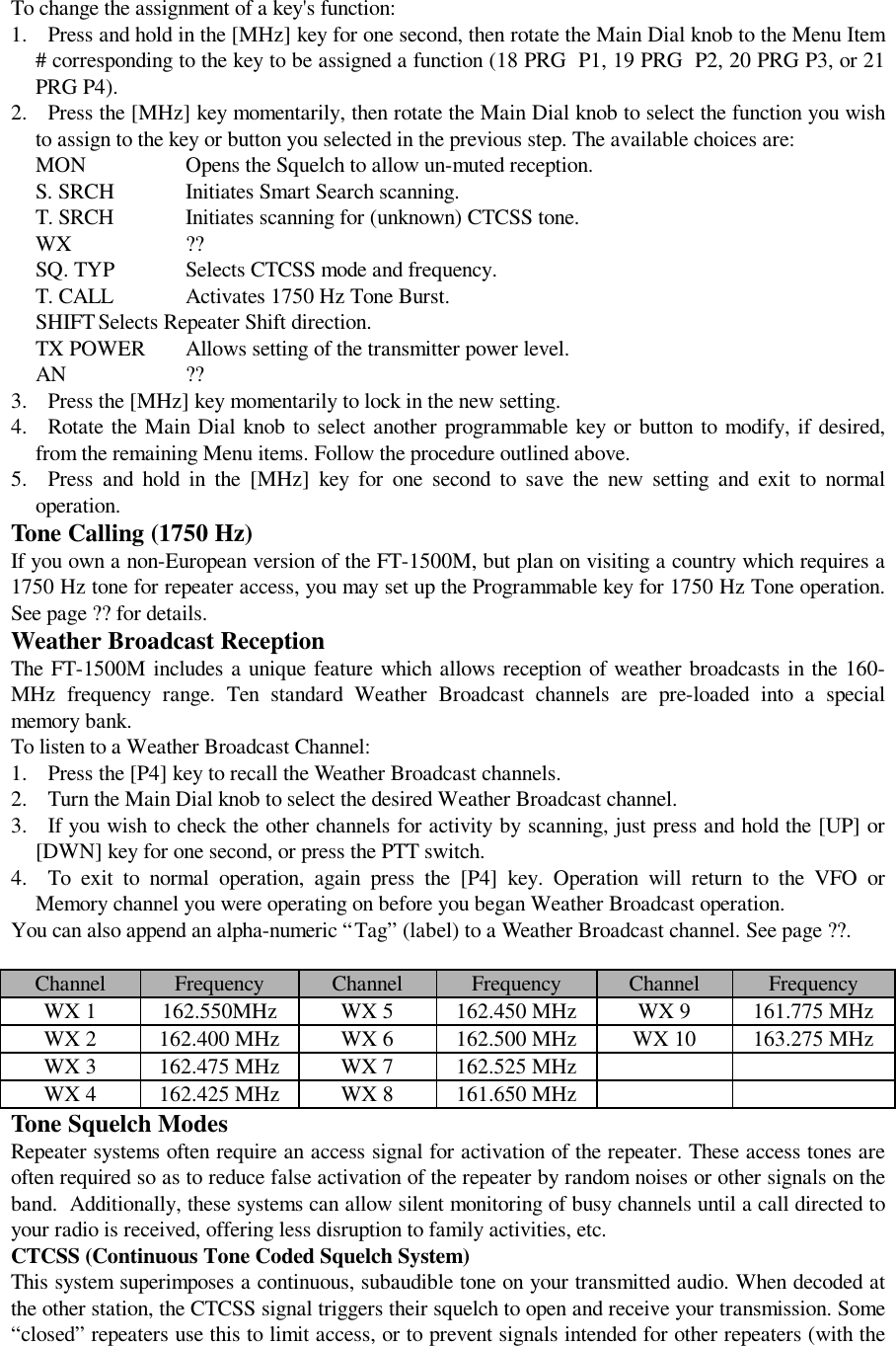 To change the assignment of a key&apos;s function:1. Press and hold in the [MHz] key for one second, then rotate the Main Dial knob to the Menu Item# corresponding to the key to be assigned a function (18 PRG  P1, 19 PRG  P2, 20 PRG P3, or 21PRG P4).2. Press the [MHz] key momentarily, then rotate the Main Dial knob to select the function you wishto assign to the key or button you selected in the previous step. The available choices are: MON Opens the Squelch to allow un-muted reception. S. SRCH Initiates Smart Search scanning. T. SRCH Initiates scanning for (unknown) CTCSS tone. WX ?? SQ. TYP Selects CTCSS mode and frequency. T. CALL Activates 1750 Hz Tone Burst. SHIFT Selects Repeater Shift direction. TX POWER Allows setting of the transmitter power level. AN ??3. Press the [MHz] key momentarily to lock in the new setting.4. Rotate the Main Dial knob to select another programmable key or button to modify, if desired,from the remaining Menu items. Follow the procedure outlined above.5. Press and hold in the [MHz] key for one second to save the new setting and exit to normaloperation.Tone Calling (1750 Hz)If you own a non-European version of the FT-1500M, but plan on visiting a country which requires a1750 Hz tone for repeater access, you may set up the Programmable key for 1750 Hz Tone operation.See page ?? for details.Weather Broadcast ReceptionThe FT-1500M includes a unique feature which allows reception of weather broadcasts in the 160-MHz frequency range. Ten standard Weather Broadcast channels are pre-loaded into a specialmemory bank.To listen to a Weather Broadcast Channel:1. Press the [P4] key to recall the Weather Broadcast channels.2. Turn the Main Dial knob to select the desired Weather Broadcast channel.3. If you wish to check the other channels for activity by scanning, just press and hold the [UP] or[DWN] key for one second, or press the PTT switch.4. To exit to normal operation, again press the [P4] key. Operation will return to the VFO orMemory channel you were operating on before you began Weather Broadcast operation.You can also append an alpha-numeric “Tag” (label) to a Weather Broadcast channel. See page ??.Channel Frequency Channel Frequency Channel FrequencyWX 1 162.550MHz WX 5 162.450 MHz WX 9 161.775 MHzWX 2 162.400 MHz WX 6 162.500 MHz WX 10 163.275 MHzWX 3 162.475 MHz WX 7 162.525 MHzWX 4 162.425 MHz WX 8 161.650 MHzTone Squelch ModesRepeater systems often require an access signal for activation of the repeater. These access tones areoften required so as to reduce false activation of the repeater by random noises or other signals on theband.  Additionally, these systems can allow silent monitoring of busy channels until a call directed toyour radio is received, offering less disruption to family activities, etc.CTCSS (Continuous Tone Coded Squelch System)This system superimposes a continuous, subaudible tone on your transmitted audio. When decoded atthe other station, the CTCSS signal triggers their squelch to open and receive your transmission. Some“closed” repeaters use this to limit access, or to prevent signals intended for other repeaters (with the