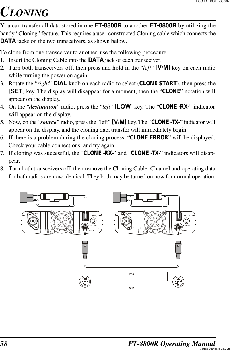 58 FT-8800R Operating ManualYou can transfer all data stored in one FT-8800R to another FT-8800R by utilizing thehandy “Cloning” feature. This requires a user-constructed Cloning cable which connects theDATA jacks on the two transceivers, as shown below.To clone from one transceiver to another, use the following procedure:1. Insert the Cloning Cable into the DATA jack of each transceiver.2. Turn both transceivers off, then press and hold in the “left” [V/M] key on each radiowhile turning the power on again.3. Rotate the “right” DIAL knob on each radio to select (CLONE START), then press the[SET] key. The display will disappear for a moment, then the “CLONE” notation willappear on the display.4. On the “destination” radio, press the “left” [LOW] key. The “CLONE -RX-” indicatorwill appear on the display.5. Now, on the “source” radio, press the “left” [V/M] key. The “CLONE -TX-” indicator willappear on the display, and the cloning data transfer will immediately begin.6. If there is a problem during the cloning process, “CLONE ERROR” will be displayed.Check your cable connections, and try again.7. If cloning was successful, the “CLONE -RX-” and “CLONE -TX-” indicators will disap-pear.8. Turn both transceivers off, then remove the Cloning Cable. Channel and operating datafor both radios are now identical. They both may be turned on now for normal operation.13.8VDCANTEXT SPDATA13.8VDCANTEXT SPDATAPKSGNDCLONINGFCC ID: K66FT-8800RVertex Standard Co., Ltd.