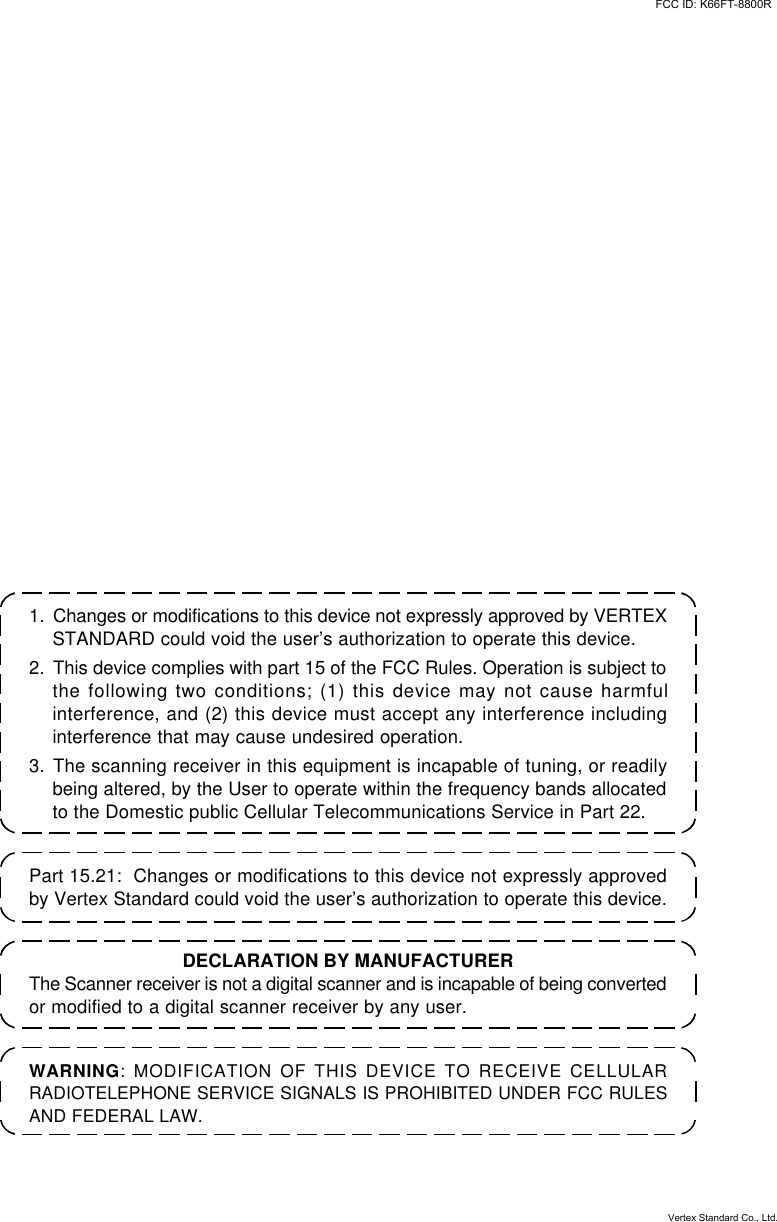 1. Changes or modifications to this device not expressly approved by VERTEXSTANDARD could void the user’s authorization to operate this device.2. This device complies with part 15 of the FCC Rules. Operation is subject tothe following two conditions; (1) this device may not cause harmfulinterference, and (2) this device must accept any interference includinginterference that may cause undesired operation.3. The scanning receiver in this equipment is incapable of tuning, or readilybeing altered, by the User to operate within the frequency bands allocatedto the Domestic public Cellular Telecommunications Service in Part 22.WARNING: MODIFICATION OF THIS DEVICE TO RECEIVE CELLULARRADIOTELEPHONE SERVICE SIGNALS IS PROHIBITED UNDER FCC RULESAND FEDERAL LAW.DECLARATION BY MANUFACTURERThe Scanner receiver is not a digital scanner and is incapable of being convertedor modified to a digital scanner receiver by any user.Part 15.21:  Changes or modifications to this device not expressly approvedby Vertex Standard could void the user’s authorization to operate this device.FCC ID: K66FT-8800RVertex Standard Co., Ltd.