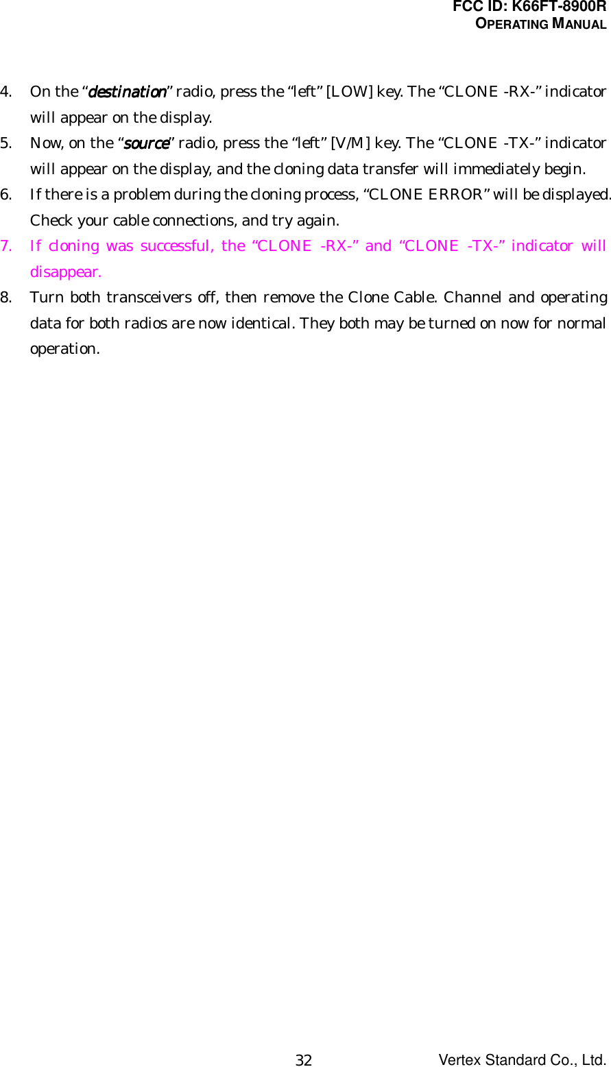 FCC ID: K66FT-8900ROPERATING MANUALVertex Standard Co., Ltd.324. On the “destinationdestinationdestinationdestination” radio, press the “left” [LOW] key. The “CLONE -RX-” indicatorwill appear on the display.5. Now, on the “sourcesourcesourcesource” radio, press the “left” [V/M] key. The “CLONE -TX-” indicatorwill appear on the display, and the cloning data transfer will immediately begin.6. If there is a problem during the cloning process, “CLONE ERROR” will be displayed.Check your cable connections, and try again.7. If cloning was successful, the “CLONE -RX-” and “CLONE -TX-” indicator willdisappear.8. Turn both transceivers off, then remove the Clone Cable. Channel and operatingdata for both radios are now identical. They both may be turned on now for normaloperation.