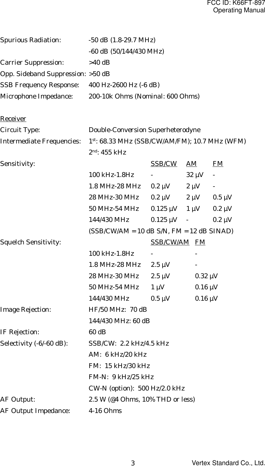 FCC ID: K66FT-897Operating ManualVertex Standard Co., Ltd.3Spurious Radiation: -50 dB (1.8-29.7 MHz)-60 dB (50/144/430 MHz)Carrier Suppression: &gt;40 dBOpp. Sideband Suppression: &gt;50 dBSSB Frequency Response: 400 Hz-2600 Hz (-6 dB)Microphone Impedance: 200-10k Ohms (Nominal: 600 Ohms)ReceiverCircuit Type: Double-Conversion SuperheterodyneIntermediate Frequencies: 1st: 68.33 MHz (SSB/CW/AM/FM); 10.7 MHz (WFM)2nd: 455 kHzSensitivity:      SSB/CW AM FM100 kHz-1.8Hz - 32 µV -1.8 MHz-28 MHz 0.2 µV 2 µV -28 MHz-30 MHz 0.2 µV 2 µV 0.5 µV50 MHz-54 MHz 0.125 µV 1 µV 0.2 µV144/430 MHz 0.125 µV - 0.2 µV(SSB/CW/AM = 10 dB S/N, FM = 12 dB SINAD)Squelch Sensitivity: SSB/CW/AM FM100 kHz-1.8Hz - -1.8 MHz-28 MHz 2.5 µV -28 MHz-30 MHz 2.5 µV 0.32 µV50 MHz-54 MHz 1 µV 0.16 µV144/430 MHz 0.5 µV 0.16 µVImage Rejection: HF/50 MHz:  70 dB144/430 MHz: 60 dBIF Rejection: 60 dBSelectivity (-6/-60 dB): SSB/CW:  2.2 kHz/4.5 kHzAM:  6 kHz/20 kHzFM:  15 kHz/30 kHzFM-N:  9 kHz/25 kHzCW-N (option):  500 Hz/2.0 kHzAF Output: 2.5 W (@4 Ohms, 10% THD or less)AF Output Impedance: 4-16 Ohms