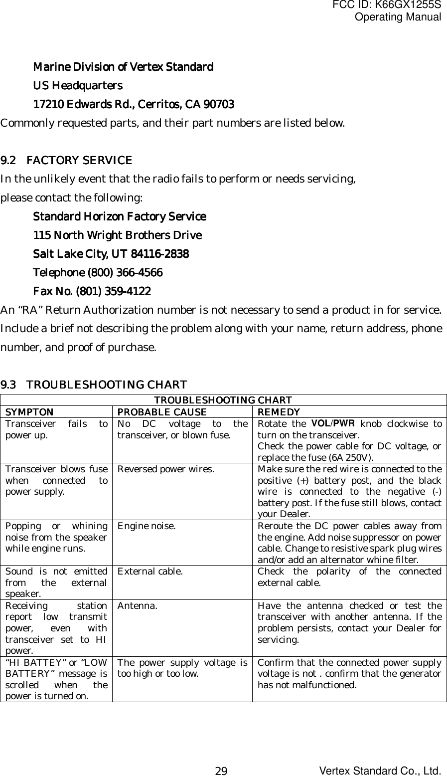 FCC ID: K66GX1255SOperating ManualVertex Standard Co., Ltd.29Marine Division of Vertex StandardMarine Division of Vertex StandardMarine Division of Vertex StandardMarine Division of Vertex StandardUS HeadquartersUS HeadquartersUS HeadquartersUS Headquarters17210 Edwards Rd., Cerritos, CA 9070317210 Edwards Rd., Cerritos, CA 9070317210 Edwards Rd., Cerritos, CA 9070317210 Edwards Rd., Cerritos, CA 90703Commonly requested parts, and their part numbers are listed below.9999.2.2.2.2     FACTORY SERVICE FACTORY SERVICE FACTORY SERVICE FACTORY SERVICEIn the unlikely event that the radio fails to perform or needs servicing,please contact the following:Standard Horizon Factory ServiceStandard Horizon Factory ServiceStandard Horizon Factory ServiceStandard Horizon Factory Service115 North Wright Brothers Drive115 North Wright Brothers Drive115 North Wright Brothers Drive115 North Wright Brothers DriveSalt Lake City, UT 84116-2838Salt Lake City, UT 84116-2838Salt Lake City, UT 84116-2838Salt Lake City, UT 84116-2838Telephone (800) 366-4566Telephone (800) 366-4566Telephone (800) 366-4566Telephone (800) 366-4566Fax No. (801) 359-4122Fax No. (801) 359-4122Fax No. (801) 359-4122Fax No. (801) 359-4122An “RA” Return Authorization number is not necessary to send a product in for service.Include a brief not describing the problem along with your name, return address, phonenumber, and proof of purchase.9999.3.3.3.3     TROUBLESHOOTING CHART TROUBLESHOOTING CHART TROUBLESHOOTING CHART TROUBLESHOOTING CHARTTROUBLESHOOTING CHARTTROUBLESHOOTING CHARTTROUBLESHOOTING CHARTTROUBLESHOOTING CHARTSYMPTONSYMPTONSYMPTONSYMPTON PROBABLE CAUSEPROBABLE CAUSEPROBABLE CAUSEPROBABLE CAUSE REMEDYREMEDYREMEDYREMEDYTransceiver fails topower up. No DC voltage to thetransceiver, or blown fuse. Rotate the VOL/PWR knob clockwise toturn on the transceiver.Check the power cable for DC voltage, orreplace the fuse (6A 250V).Transceiver blows fusewhen connected topower supply.Reversed power wires. Make sure the red wire is connected to thepositive (+) battery post, and the blackwire is connected to the negative (-)battery post. If the fuse still blows, contactyour Dealer.Popping or whiningnoise from the speakerwhile engine runs.Engine noise. Reroute the DC power cables away fromthe engine. Add noise suppressor on powercable. Change to resistive spark plug wiresand/or add an alternator whine filter.Sound is not emittedfrom the externalspeaker.External cable. Check the polarity of the connectedexternal cable.Receiving stationreport low transmitpower, even withtransceiver set to HIpower.Antenna. Have the antenna checked or test thetransceiver with another antenna. If theproblem persists, contact your Dealer forservicing.“HI BATTEY” or “LOWBATTERY” message isscrolled when thepower is turned on.The power supply voltage istoo high or too low. Confirm that the connected power supplyvoltage is not . confirm that the generatorhas not malfunctioned.