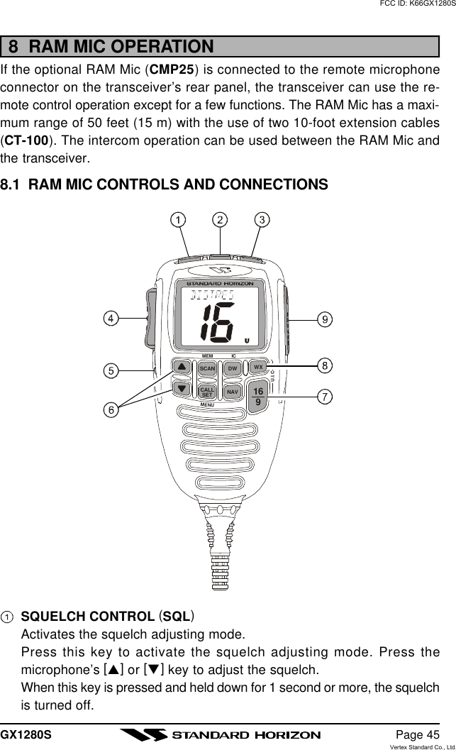 GX1280S Page 458  RAM MIC OPERATIONIf the optional RAM Mic (CMP25) is connected to the remote microphoneconnector on the transceiver’s rear panel, the transceiver can use the re-mote control operation except for a few functions. The RAM Mic has a maxi-mum range of 50 feet (15 m) with the use of two 10-foot extension cables(CT-100). The intercom operation can be used between the RAM Mic andthe transceiver.8.1  RAM MIC CONTROLS AND CONNECTIONSSQUELCH CONTROL (SQL)Activates the squelch adjusting mode.Press this key to activate the squelch adjusting mode. Press themicrophone’s [p] or [q] key to adjust the squelch.When this key is pressed and held down for 1 second or more, the squelchis turned off.SCAN DWNAVWXCALLSETMEM ICU.I.CMENU169FCC ID: K66GX1280SVertex Standard Co., Ltd.