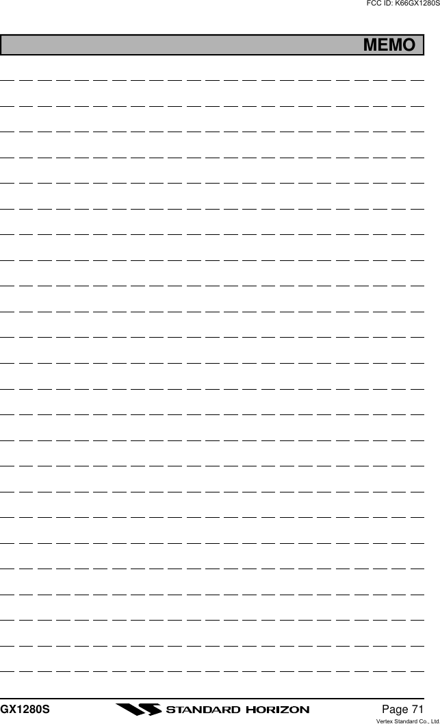 GX1280S Page 71MEMOFCC ID: K66GX1280SVertex Standard Co., Ltd.