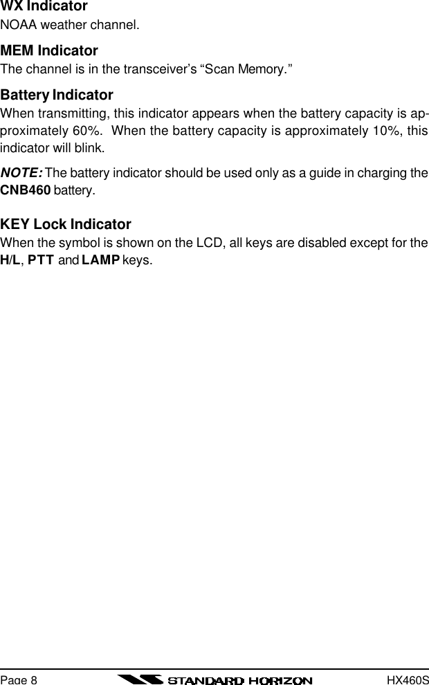 HX460SPage 8WX IndicatorNOAA weather channel.MEM IndicatorThe channel is in the transceiver’s “Scan Memory.”Battery IndicatorWhen transmitting, this indicator appears when the battery capacity is ap-proximately 60%.  When the battery capacity is approximately 10%, thisindicator will blink.NOTE: The battery indicator should be used only as a guide in charging theCNB460 battery.KEY Lock IndicatorWhen the symbol is shown on the LCD, all keys are disabled except for theH/L, PTT and LAMP keys.