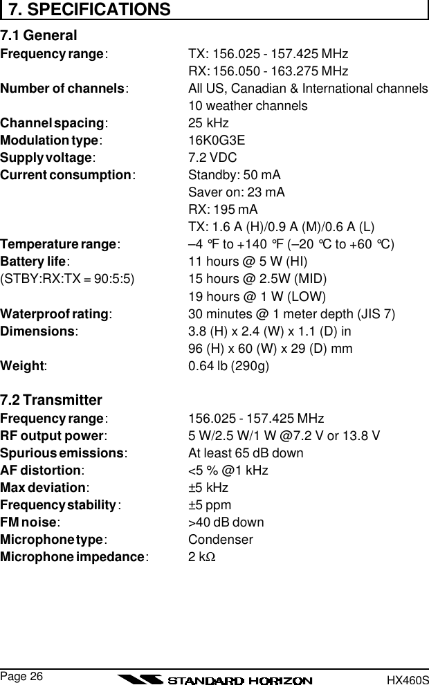 HX460S7. SPECIFICATIONS7.1 GeneralFrequency range:TX: 156.025 - 157.425 MHzRX: 156.050 - 163.275 MHzNumber of channels:All US, Canadian &amp; International channels10 weather channelsChannel spacing:25 kHzModulation type:16K0G3ESupply voltage:7.2 VDCCurrent consumption:Standby: 50 mASaver on: 23 mARX: 195 mATX: 1.6 A (H)/0.9 A (M)/0.6 A (L)Temperature range:–4 °F to +140 °F (–20 °C to +60 °C)Battery life:11 hours @ 5 W (HI)(STBY:RX:TX = 90:5:5) 15 hours @ 2.5W (MID)19 hours @ 1 W (LOW)Waterproof rating:30 minutes @ 1 meter depth (JIS 7)Dimensions:3.8 (H) x 2.4 (W) x 1.1 (D) in96 (H) x 60 (W) x 29 (D) mmWeight:0.64 lb (290g)7.2 TransmitterFrequency range:156.025 - 157.425 MHzRF output power:5 W/2.5 W/1 W @7.2 V or 13.8 VSpurious emissions:At least 65 dB downAF distortion:&lt;5 % @1 kHzMax deviation:±5 kHzFrequency stability :±5 ppmFM noise:&gt;40 dB downMicrophone type:CondenserMicrophone impedance:2 kΩPage 26