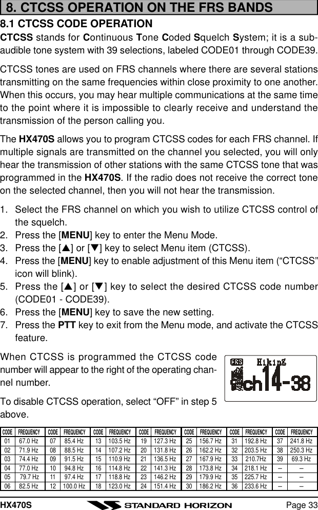 HX470S Page 338. CTCSS OPERATION ON THE FRS BANDS8.1 CTCSS CODE OPERATIONCTCSS stands for Continuous Tone Coded Squelch System; it is a sub-audible tone system with 39 selections, labeled CODE01 through CODE39.CTCSS tones are used on FRS channels where there are several stationstransmitting on the same frequencies within close proximity to one another.When this occurs, you may hear multiple communications at the same timeto the point where it is impossible to clearly receive and understand thetransmission of the person calling you.The HX470S allows you to program CTCSS codes for each FRS channel. Ifmultiple signals are transmitted on the channel you selected, you will onlyhear the transmission of other stations with the same CTCSS tone that wasprogrammed in the HX470S. If the radio does not receive the correct toneon the selected channel, then you will not hear the transmission.1. Select the FRS channel on which you wish to utilize CTCSS control ofthe squelch.2. Press the [MENU] key to enter the Menu Mode.3. Press the [p] or [q] key to select Menu item (CTCSS).4. Press the [MENU] key to enable adjustment of this Menu item (“CTCSS”icon will blink).5. Press the [p] or [q] key to select the desired CTCSS code number(CODE01 - CODE39).6. Press the [MENU] key to save the new setting.7. Press the PTT key to exit from the Menu mode, and activate the CTCSSfeature.When CTCSS is programmed the CTCSS codenumber will appear to the right of the operating chan-nel number.To disable CTCSS operation, select “OFF” in step 5above.CODE FREQUENCY01 67.0 Hz02 71.9 Hz03 74.4 Hz04 77.0 Hz05  79.7 Hz06 82.5 HzCODE FREQUENCY07 85.4 Hz08 88.5 Hz09 91.5 Hz10 94.8 Hz11 97.4 Hz12 100.0 HzCODE FREQUENCY13 103.5 Hz14 107.2 Hz15 110.9 Hz16 114.8 Hz17 118.8 Hz18 123.0 HzCODE FREQUENCY19 127.3 Hz20 131.8 Hz21 136.5 Hz22 141.3 Hz23 146.2 Hz24 151.4 HzCODE FREQUENCY25 156.7 Hz26 162.2 Hz27 167.9 Hz28 173.8 Hz29 179.9 Hz30 186.2 HzCODE FREQUENCY31 192.8 Hz32 203.5 Hz33 210.7Hz34 218.1 Hz35 225.7 Hz36 233.6 HzCODE FREQUENCY37 241.8 Hz38 250.3 Hz39 69.3 Hz– –– –– –