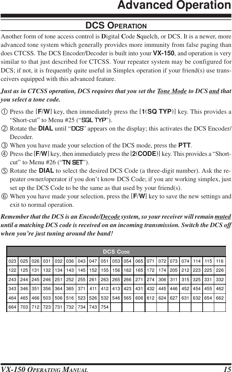 VX-150 OPERATING MANUAL 15DCS OPERATIONAnother form of tone access control is Digital Code Squelch, or DCS. It is a newer, moreadvanced tone system which generally provides more immunity from false paging thandoes CTCSS. The DCS Encoder/Decoder is built into your VX-150, and operation is verysimilar to that just described for CTCSS. Your repeater system may be configured forDCS; if not, it is frequently quite useful in Simplex operation if your friend(s) use trans-ceivers equipped with this advanced feature.Just as in CTCSS operation, DCS requires that you set the Tone Mode to DCS and thatyou select a tone code.•Press the [F/W] key, then immediately press the [1(SQ TYP)] key. This provides a“Short-cut” to Menu #25 (“SQL TYPSQL TYPSQL TYPSQL TYPSQL TYP”).‚Rotate the DIAL until “DCSDCSDCSDCSDCS” appears on the display; this activates the DCS Encoder/Decoder.ƒWhen you have made your selection of the DCS mode, press the PTT.„Press the [F/W] key, then immediately press the [2(CODE)] key. This provides a “Short-cut” to Menu #26 (“TN SETTN SETTN SETTN SETTN SET”).…Rotate the DIAL to select the desired DCS Code (a three-digit number). Ask the re-peater owner/operator if you don’t know DCS Code; if you are working simplex, justset up the DCS Code to be the same as that used by your friend(s).†When you have made your selection, press the [F/W] key to save the new settings andexit to normal operation.Remember that the DCS is an Encode/Decode system, so your receiver will remain muteduntil a matching DCS code is received on an incoming transmission. Switch the DCS offwhen you’re just tuning around the band!Advanced OperationDCS CODE023 025 026 031 032 036 043 047 051 053 054 065 071 072 073 074 114 115 116122 125 131 132 134 143 145 152 155 156 162 165 172 174 205 212 223 225 226243 244 245 246 251 252 255 261 263 265 266 271 274 306 311 315 325 331 332343 346 351 356 364 365 371 411 412 413 423 431 432 445 446 452 454 455 462464 465 466 503 506 516 523 526 532 546 565 606 612 624 627 631 632 654 662664 703 712 723 731 732 734 743 754