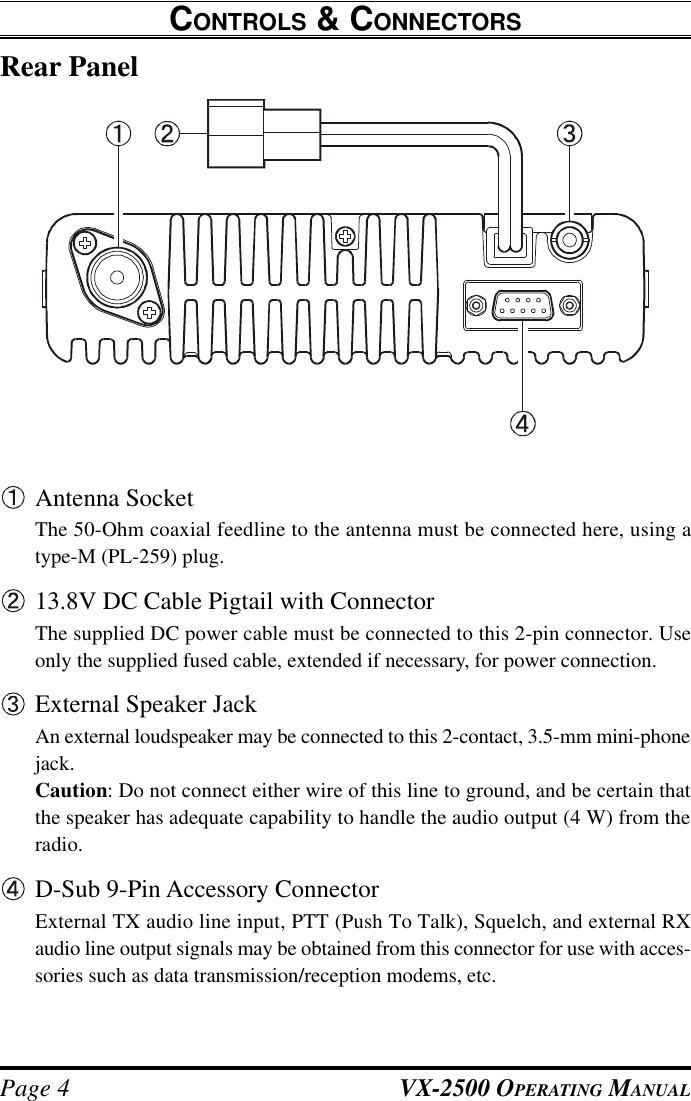 VX-2500 OPERATING MANUALPage 4Rear PanelAntenna SocketThe 50-Ohm coaxial feedline to the antenna must be connected here, using atype-M (PL-259) plug.13.8V DC Cable Pigtail with ConnectorThe supplied DC power cable must be connected to this 2-pin connector. Useonly the supplied fused cable, extended if necessary, for power connection.External Speaker JackAn external loudspeaker may be connected to this 2-contact, 3.5-mm mini-phonejack.Caution: Do not connect either wire of this line to ground, and be certain thatthe speaker has adequate capability to handle the audio output (4 W) from theradio.D-Sub 9-Pin Accessory ConnectorExternal TX audio line input, PTT (Push To Talk), Squelch, and external RXaudio line output signals may be obtained from this connector for use with acces-sories such as data transmission/reception modems, etc.CONTROLS &amp; CONNECTORS