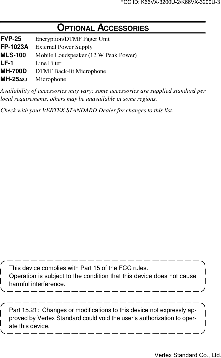 VX-3200 OPERATING MANUALThis device complies with Part 15 of the FCC rules.Operation is subject to the condition that this device does not causeharmful interference.OPTIONAL ACCESSORIESFVP-25 Encryption/DTMF Pager UnitFP-1023A External Power SupplyMLS-100 Mobile Loudspeaker (12 W Peak Power)LF-1 Line FilterMH-700D DTMF Back-lit MicrophoneMH-25A8J MicrophoneAvailability of accessories may vary; some accessories are supplied standard perlocal requirements, others may be unavailable in some regions.Check with your VERTEX STANDARD Dealer for changes to this list.Part 15.21:  Changes or modifications to this device not expressly ap-proved by Vertex Standard could void the user’s authorization to oper-ate this device.FCC ID: K66VX-3200U-2/K66VX-3200U-3Vertex Standard Co., Ltd.