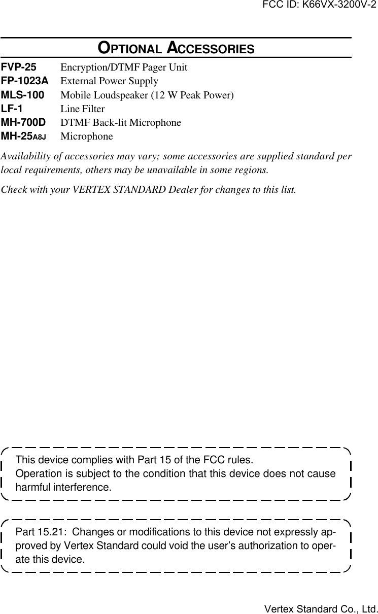 VX-3200 OPERATING MANUALThis device complies with Part 15 of the FCC rules.Operation is subject to the condition that this device does not causeharmful interference.OPTIONAL ACCESSORIESFVP-25 Encryption/DTMF Pager UnitFP-1023A External Power SupplyMLS-100 Mobile Loudspeaker (12 W Peak Power)LF-1 Line FilterMH-700D DTMF Back-lit MicrophoneMH-25A8J MicrophoneAvailability of accessories may vary; some accessories are supplied standard perlocal requirements, others may be unavailable in some regions.Check with your VERTEX STANDARD Dealer for changes to this list.Part 15.21:  Changes or modifications to this device not expressly ap-proved by Vertex Standard could void the user’s authorization to oper-ate this device.FCC ID: K66VX-3200V-2Vertex Standard Co., Ltd.