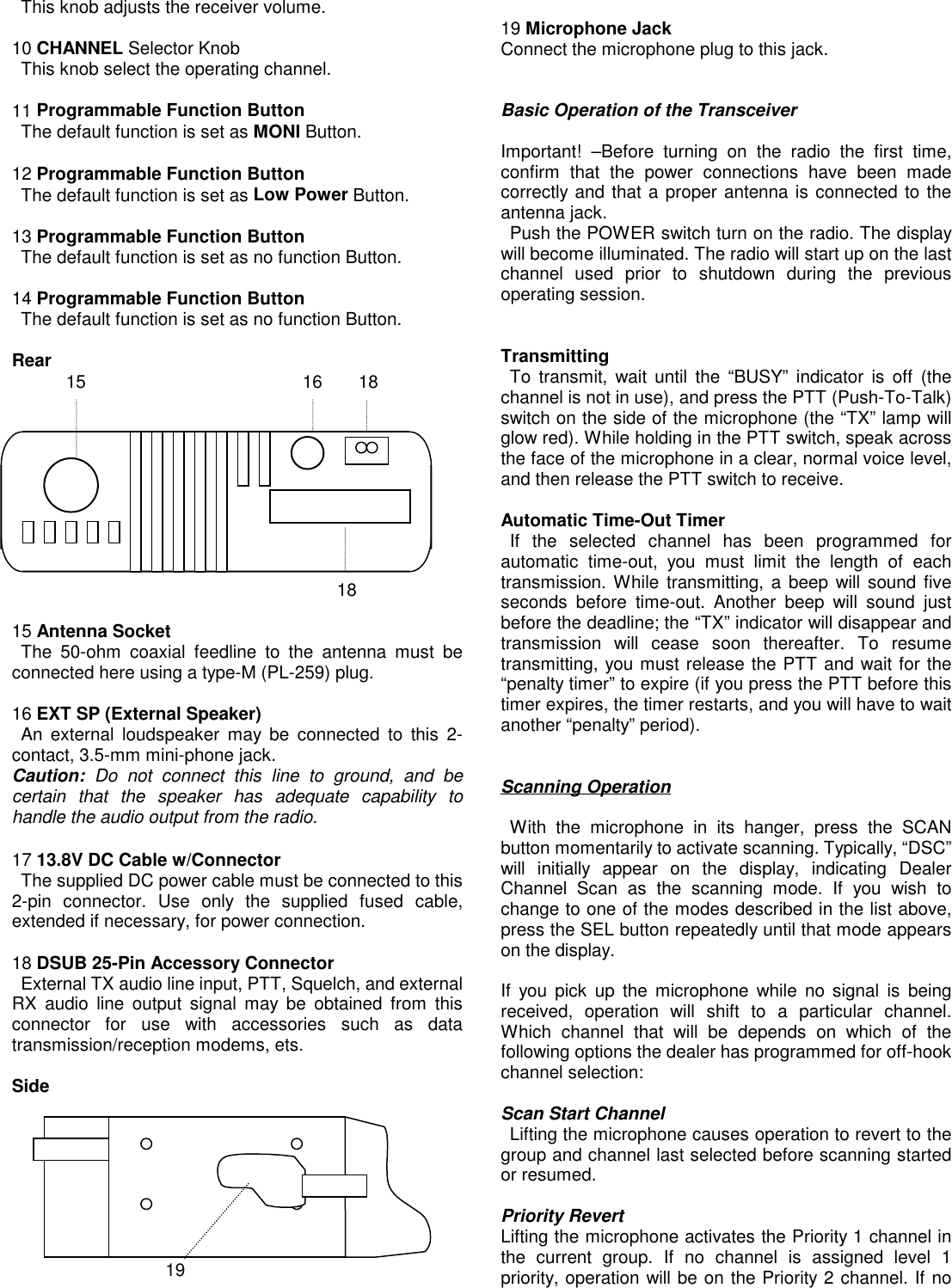   This knob adjusts the receiver volume.  10 CHANNEL Selector Knob  This knob select the operating channel.  11 Programmable Function Button  The default function is set as MONI Button.  12 Programmable Function Button  The default function is set as Low Power Button.  13 Programmable Function Button  The default function is set as no function Button.  14 Programmable Function Button  The default function is set as no function Button.   Rear      15                        16    18                                                      18  15 Antenna Socket The 50-ohm coaxial feedline to the antenna must beconnected here using a type-M (PL-259) plug.  16 EXT SP (External Speaker) An external loudspeaker may be connected to this 2-contact, 3.5-mm mini-phone jack.Caution:  Do not connect this line to ground, and becertain that the speaker has adequate capability tohandle the audio output from the radio.  17 13.8V DC Cable w/Connector  The supplied DC power cable must be connected to this2-pin connector. Use only the supplied fused cable,extended if necessary, for power connection.  18 DSUB 25-Pin Accessory Connector  External TX audio line input, PTT, Squelch, and externalRX audio line output signal may be obtained from thisconnector for use with accessories such as datatransmission/reception modems, ets.   Side                                 19    19 Microphone JackConnect the microphone plug to this jack.    Basic Operation of the Transceiver  Important! –Before turning on the radio the first time,confirm that the power connections have been madecorrectly and that a proper antenna is connected to theantenna jack.  Push the POWER switch turn on the radio. The displaywill become illuminated. The radio will start up on the lastchannel used prior to shutdown during the previousoperating session.    Transmitting To transmit, wait until the “BUSY” indicator is off (thechannel is not in use), and press the PTT (Push-To-Talk)switch on the side of the microphone (the “TX” lamp willglow red). While holding in the PTT switch, speak acrossthe face of the microphone in a clear, normal voice level,and then release the PTT switch to receive.  Automatic Time-Out Timer If the selected channel has been programmed forautomatic time-out, you must limit the length of eachtransmission. While transmitting, a beep will sound fiveseconds before time-out. Another beep will sound justbefore the deadline; the “TX” indicator will disappear andtransmission will cease soon thereafter. To resumetransmitting, you must release the PTT and wait for the“penalty timer” to expire (if you press the PTT before thistimer expires, the timer restarts, and you will have to waitanother “penalty” period).    Scanning Operation   With the microphone in its hanger, press the SCANbutton momentarily to activate scanning. Typically, “DSC”will initially appear on the display, indicating DealerChannel Scan as the scanning mode. If you wish tochange to one of the modes described in the list above,press the SEL button repeatedly until that mode appearson the display.  If you pick up the microphone while no signal is beingreceived, operation will shift to a particular channel.Which channel that will be depends on which of thefollowing options the dealer has programmed for off-hookchannel selection:  Scan Start Channel  Lifting the microphone causes operation to revert to thegroup and channel last selected before scanning startedor resumed.  Priority RevertLifting the microphone activates the Priority 1 channel inthe current group. If no channel is assigned level 1priority, operation will be on the Priority 2 channel. If no