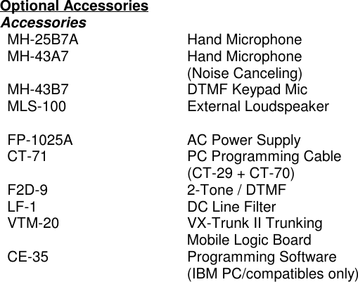 Optional AccessoriesAccessories MH-25B7A Hand Microphone MH-43A7 Hand Microphone(Noise Canceling)  MH-43B7 DTMF Keypad Mic MLS-100 External Loudspeaker  FP-1025A AC Power Supply  CT-71 PC Programming Cable(CT-29 + CT-70)  F2D-9 2-Tone / DTMF  LF-1 DC Line Filter  VTM-20 VX-Trunk II TrunkingMobile Logic Board CE-35 Programming Software(IBM PC/compatibles only)  