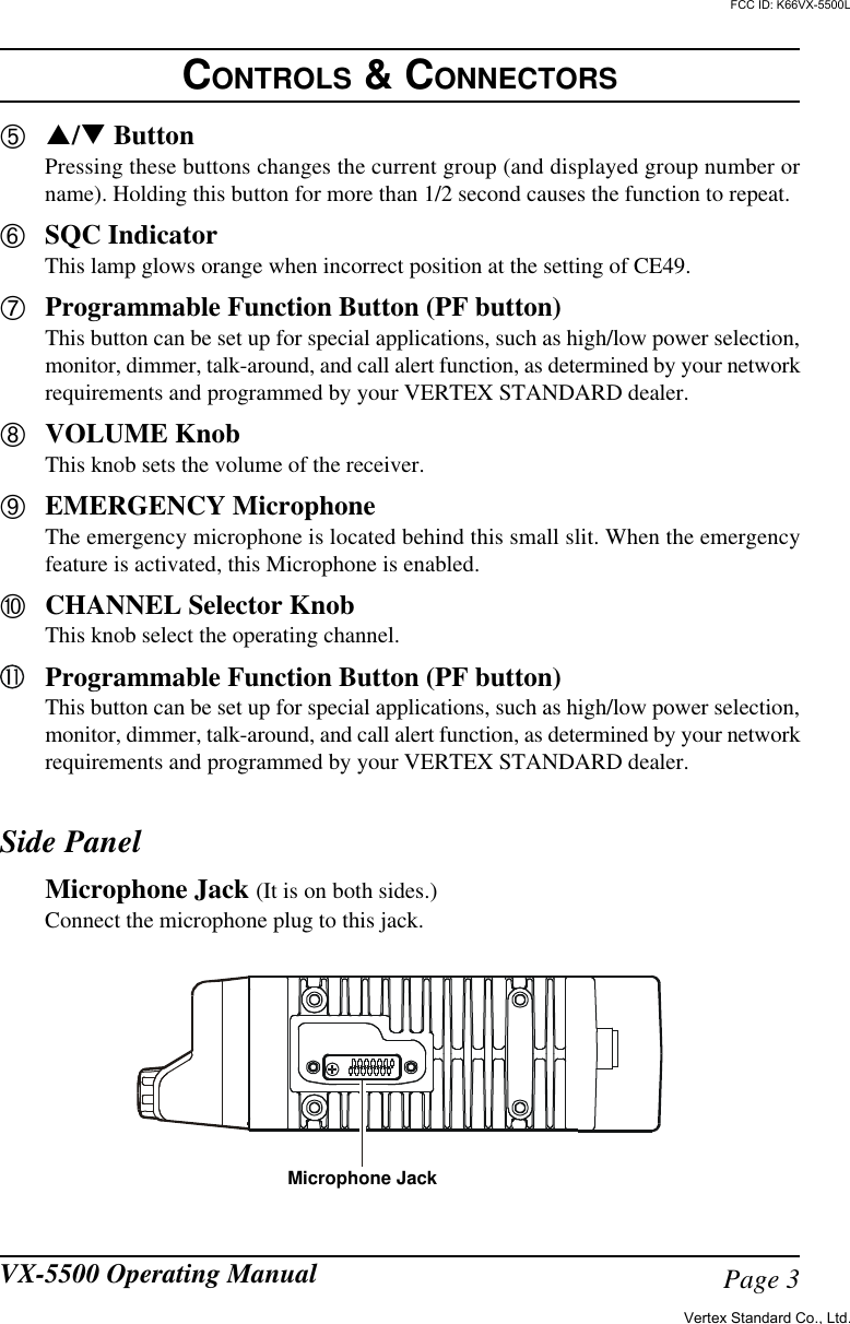 Page 3VX-5500 Operating ManualÄp/q ButtonPressing these buttons changes the current group (and displayed group number orname). Holding this button for more than 1/2 second causes the function to repeat.ÅSQC IndicatorThis lamp glows orange when incorrect position at the setting of CE49.ÆProgrammable Function Button (PF button)This button can be set up for special applications, such as high/low power selection,monitor, dimmer, talk-around, and call alert function, as determined by your networkrequirements and programmed by your VERTEX STANDARD dealer.ÇVOLUME KnobThis knob sets the volume of the receiver.ÈEMERGENCY MicrophoneThe emergency microphone is located behind this small slit. When the emergencyfeature is activated, this Microphone is enabled.ÉCHANNEL Selector KnobThis knob select the operating channel.Programmable Function Button (PF button)This button can be set up for special applications, such as high/low power selection,monitor, dimmer, talk-around, and call alert function, as determined by your networkrequirements and programmed by your VERTEX STANDARD dealer.Side PanelMicrophone Jack (It is on both sides.)Connect the microphone plug to this jack.CONTROLS &amp; CONNECTORSMicrophone JackVertex Standard Co., Ltd.FCC ID: K66VX-5500L