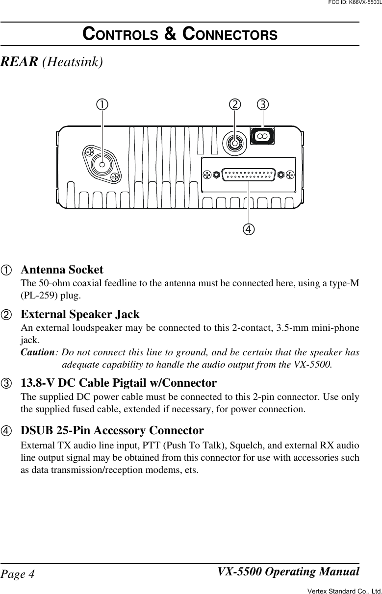 Page 4 VX-5500 Operating Manualƒ‚•„REAR (Heatsink)ÀAntenna SocketThe 50-ohm coaxial feedline to the antenna must be connected here, using a type-M(PL-259) plug.ÁExternal Speaker JackAn external loudspeaker may be connected to this 2-contact, 3.5-mm mini-phonejack.Caution: Do not connect this line to ground, and be certain that the speaker hasadequate capability to handle the audio output from the VX-5500.Â13.8-V DC Cable Pigtail w/ConnectorThe supplied DC power cable must be connected to this 2-pin connector. Use onlythe supplied fused cable, extended if necessary, for power connection.ÃDSUB 25-Pin Accessory ConnectorExternal TX audio line input, PTT (Push To Talk), Squelch, and external RX audioline output signal may be obtained from this connector for use with accessories suchas data transmission/reception modems, ets.CONTROLS &amp; CONNECTORSVertex Standard Co., Ltd.FCC ID: K66VX-5500L