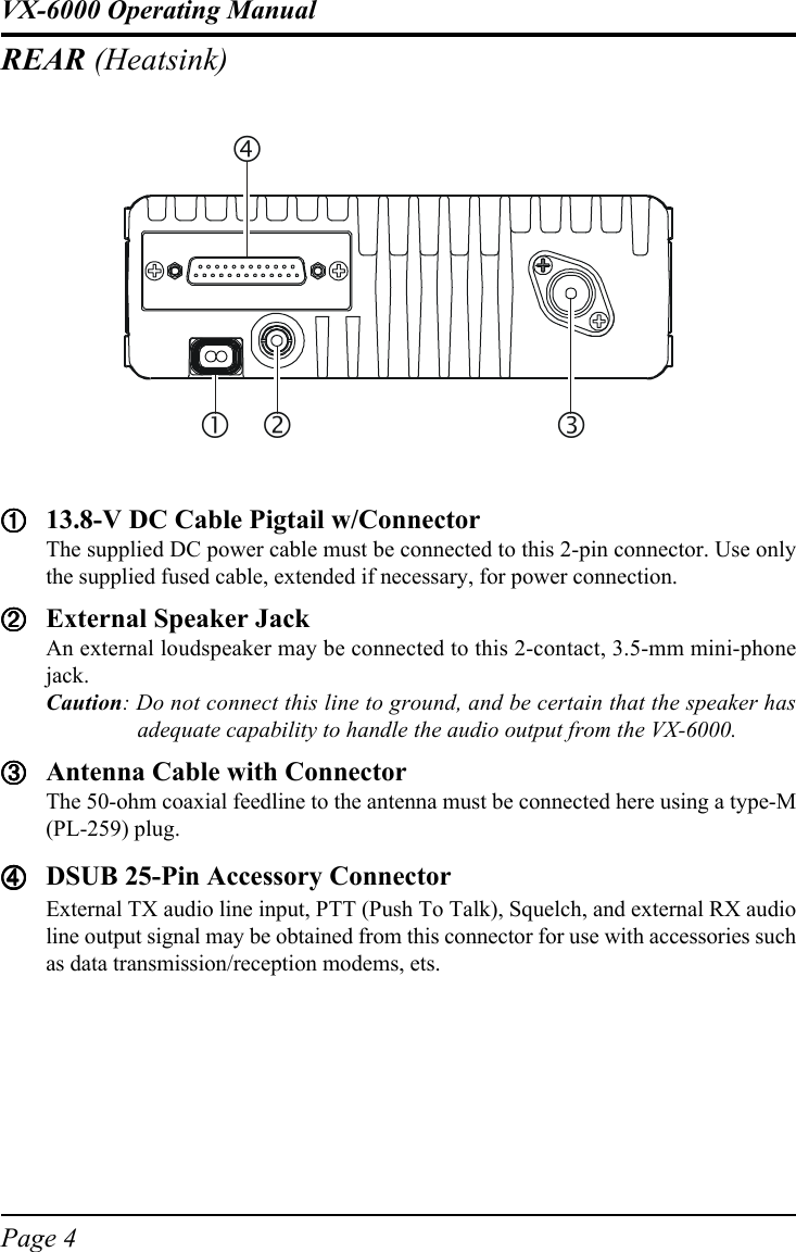 Page 4VX-6000 Operating ManualREAR (Heatsink)!!!!!13.8-V DC Cable Pigtail w/ConnectorThe supplied DC power cable must be connected to this 2-pin connector. Use onlythe supplied fused cable, extended if necessary, for power connection.&quot;&quot;&quot;&quot;&quot;External Speaker JackAn external loudspeaker may be connected to this 2-contact, 3.5-mm mini-phonejack.Caution: Do not connect this line to ground, and be certain that the speaker hasadequate capability to handle the audio output from the VX-6000.#####Antenna Cable with ConnectorThe 50-ohm coaxial feedline to the antenna must be connected here using a type-M(PL-259) plug.$$$$$DSUB 25-Pin Accessory ConnectorExternal TX audio line input, PTT (Push To Talk), Squelch, and external RX audioline output signal may be obtained from this connector for use with accessories suchas data transmission/reception modems, ets.$#&quot;%