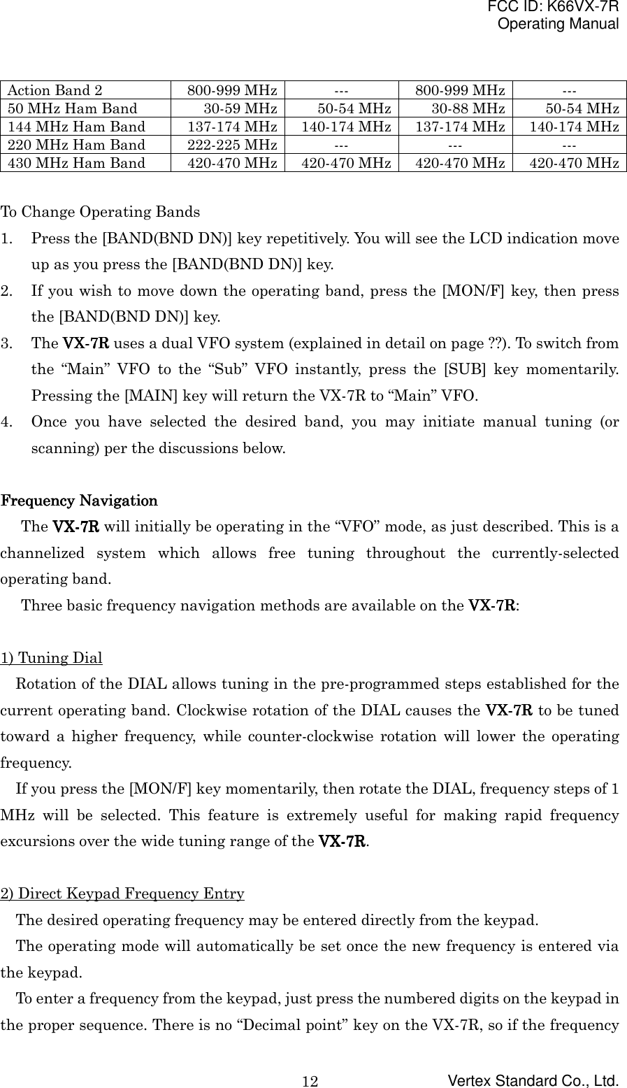 FCC ID: K66VX-7ROperating ManualVertex Standard Co., Ltd.12Action Band 2 800-999 MHz --- 800-999 MHz ---50 MHz Ham Band 30-59 MHz 50-54 MHz 30-88 MHz 50-54 MHz144 MHz Ham Band 137-174 MHz 140-174 MHz 137-174 MHz 140-174 MHz220 MHz Ham Band 222-225 MHz --- --- ---430 MHz Ham Band 420-470 MHz 420-470 MHz 420-470 MHz 420-470 MHzTo Change Operating Bands1. Press the [BAND(BND DN)] key repetitively. You will see the LCD indication moveup as you press the [BAND(BND DN)] key.2. If you wish to move down the operating band, press the [MON/F] key, then pressthe [BAND(BND DN)] key.3. The VX-VX-VX-VX-7R7R7R7R uses a dual VFO system (explained in detail on page ??). To switch fromthe “Main” VFO to the “Sub” VFO instantly, press the [SUB] key momentarily.Pressing the [MAIN] key will return the VX-7R to “Main” VFO.4. Once you have selected the desired band, you may initiate manual tuning (orscanning) per the discussions below.Frequency NavigationFrequency NavigationFrequency NavigationFrequency NavigationThe VX-VX-VX-VX-7R7R7R7R will initially be operating in the “VFO” mode, as just described. This is achannelized system which allows free tuning throughout the currently-selectedoperating band.Three basic frequency navigation methods are available on the VX-VX-VX-VX-7R7R7R7R:1) Tuning DialRotation of the DIAL allows tuning in the pre-programmed steps established for thecurrent operating band. Clockwise rotation of the DIAL causes the VX-VX-VX-VX-7R7R7R7R to be tunedtoward a higher frequency, while counter-clockwise rotation will lower the operatingfrequency.If you press the [MON/F] key momentarily, then rotate the DIAL, frequency steps of 1MHz will be selected. This feature is extremely useful for making rapid frequencyexcursions over the wide tuning range of the VX-VX-VX-VX-7R7R7R7R.2) Direct Keypad Frequency EntryThe desired operating frequency may be entered directly from the keypad.The operating mode will automatically be set once the new frequency is entered viathe keypad.To enter a frequency from the keypad, just press the numbered digits on the keypad inthe proper sequence. There is no “Decimal point” key on the VX-7R, so if the frequency