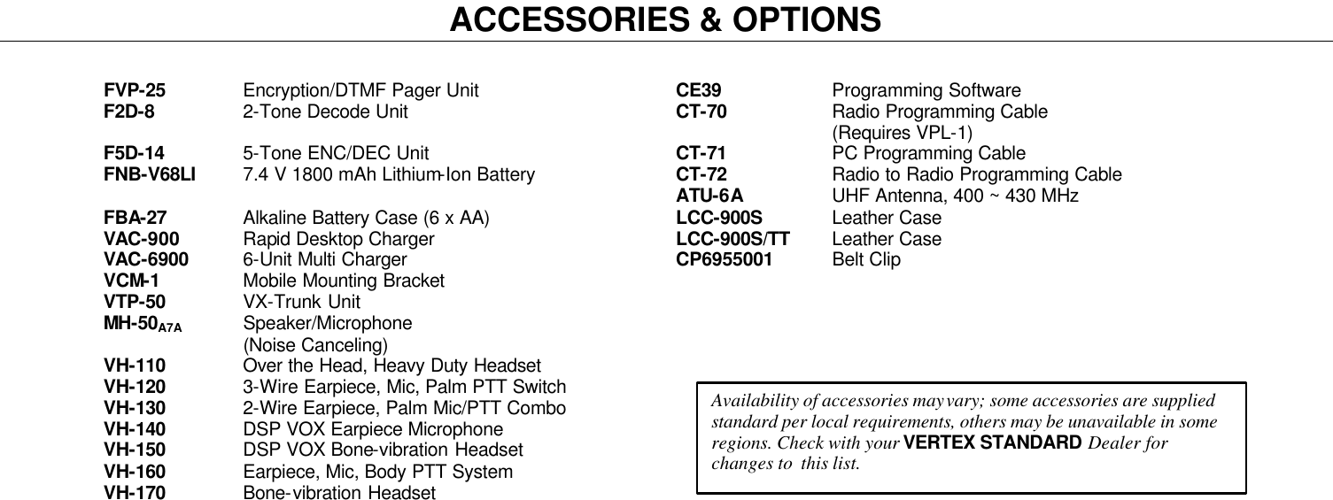    ACCESSORIES &amp; OPTIONS   FVP-25 Encryption/DTMF Pager Unit CE39 Programming Software F2D-8 2-Tone Decode Unit CT-70 Radio Programming Cable  (Requires VPL-1) F5D-14 5-Tone ENC/DEC Unit CT-71 PC Programming Cable FNB-V68LI 7.4 V 1800 mAh Lithium-Ion Battery CT-72 Radio to Radio Programming Cable  ATU-6A UHF Antenna, 400 ~ 430 MHz FBA-27 Alkaline Battery Case (6 x AA) LCC-900S Leather Case VAC-900 Rapid Desktop Charger LCC-900S/TT Leather Case VAC-6900 6-Unit Multi Charger CP6955001           Belt Clip VCM-1 Mobile Mounting Bracket   VTP-50 VX-Trunk Unit   MH-50A7A Speaker/Microphone  (Noise Canceling)  VH-110 Over the Head, Heavy Duty Headset VH-120 3-Wire Earpiece, Mic, Palm PTT Switch VH-130 2-Wire Earpiece, Palm Mic/PTT Combo VH-140 DSP VOX Earpiece Microphone VH-150 DSP VOX Bone-vibration Headset VH-160 Earpiece, Mic, Body PTT System VH-170 Bone-vibration Headset    Availability of accessories may vary; some accessories are supplied standard per local requirements, others may be unavailable in some regions. Check with your VERTEX STANDARD Dealer for changes to  this list. 