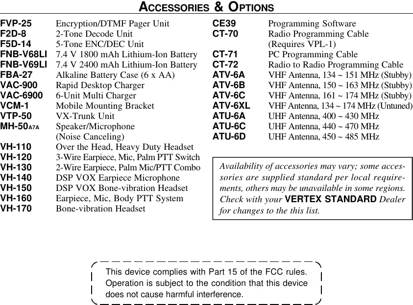 This device complies with Part 15 of the FCC rules.Operation is subject to the condition that this devicedoes not cause harmful interference.ACCESSORIES &amp; OPTIONSAvailability of accessories may vary; some acces-sories are supplied standard per local require-ments, others may be unavailable in some regions.Check with your VERTEX STANDARD Dealerfor changes to the this list.FVP-25 Encryption/DTMF Pager UnitF2D-8 2-Tone Decode UnitF5D-14 5-Tone ENC/DEC UnitFNB-V68LI 7.4 V 1800 mAh Lithium-Ion BatteryFNB-V69LI 7.4 V 2400 mAh Lithium-Ion BatteryFBA-27 Alkaline Battery Case (6 x AA)VAC-900 Rapid Desktop ChargerVAC-6900 6-Unit Multi ChargerVCM-1 Mobile Mounting BracketVTP-50 VX-Trunk UnitMH-50A7A Speaker/Microphone(Noise Canceling)VH-110 Over the Head, Heavy Duty HeadsetVH-120 3-Wire Earpiece, Mic, Palm PTT SwitchVH-130 2-Wire Earpiece, Palm Mic/PTT ComboVH-140 DSP VOX Earpiece MicrophoneVH-150 DSP VOX Bone-vibration HeadsetVH-160 Earpiece, Mic, Body PTT SystemVH-170 Bone-vibration HeadsetCE39 Programming SoftwareCT-70 Radio Programming Cable(Requires VPL-1)CT-71 PC Programming CableCT-72 Radio to Radio Programming CableATV-6A VHF Antenna, 134 ~ 151 MHz (Stubby)ATV-6B VHF Antenna, 150 ~ 163 MHz (Stubby)ATV-6C VHF Antenna, 161 ~ 174 MHz (Stubby)ATV-6XL VHF Antenna, 134 ~ 174 MHz (Untuned)ATU-6A UHF Antenna, 400 ~ 430 MHzATU-6C UHF Antenna, 440 ~ 470 MHzATU-6D UHF Antenna, 450 ~ 485 MHz