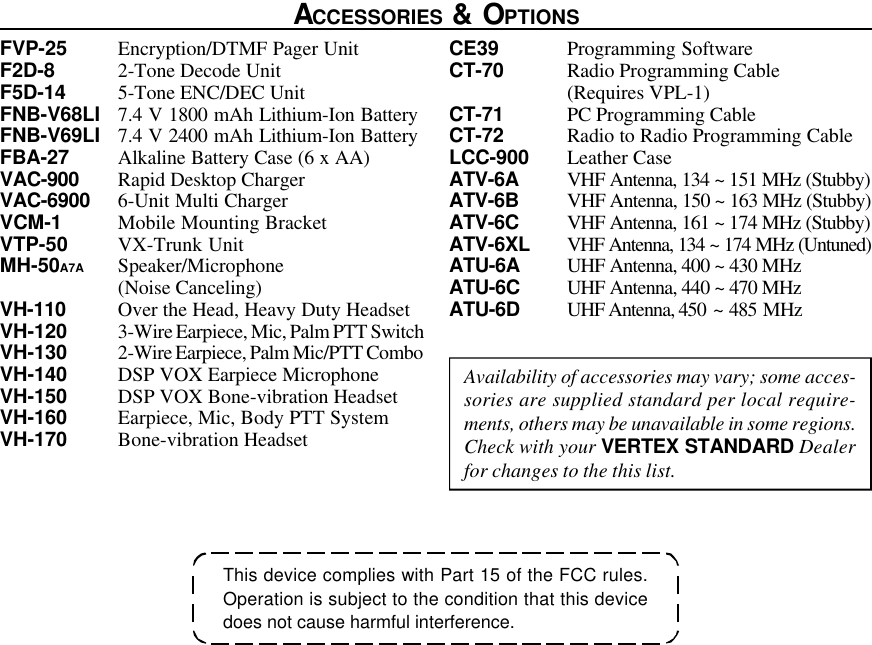 This device complies with Part 15 of the FCC rules.Operation is subject to the condition that this devicedoes not cause harmful interference.ACCESSORIES &amp; OPTIONSAvailability of accessories may vary; some acces-sories are supplied standard per local require-ments, others may be unavailable in some regions.Check with your VERTEX STANDARD Dealerfor changes to the this list.FVP-25 Encryption/DTMF Pager UnitF2D-8 2-Tone Decode UnitF5D-14 5-Tone ENC/DEC UnitFNB-V68LI 7.4 V 1800 mAh Lithium-Ion BatteryFNB-V69LI 7.4 V 2400 mAh Lithium-Ion BatteryFBA-27 Alkaline Battery Case (6 x AA)VAC-900 Rapid Desktop ChargerVAC-6900 6-Unit Multi ChargerVCM-1 Mobile Mounting BracketVTP-50 VX-Trunk UnitMH-50A7A Speaker/Microphone(Noise Canceling)VH-110 Over the Head, Heavy Duty HeadsetVH-120 3-Wire Earpiece, Mic, Palm PTT SwitchVH-130 2-Wire Earpiece, Palm Mic/PTT ComboVH-140 DSP VOX Earpiece MicrophoneVH-150 DSP VOX Bone-vibration HeadsetVH-160 Earpiece, Mic, Body PTT SystemVH-170 Bone-vibration HeadsetCE39 Programming SoftwareCT-70 Radio Programming Cable(Requires VPL-1)CT-71 PC Programming CableCT-72 Radio to Radio Programming CableLCC-900 Leather CaseATV-6A VHF Antenna, 134 ~ 151 MHz (Stubby)ATV-6B VHF Antenna, 150 ~ 163 MHz (Stubby)ATV-6C VHF Antenna, 161 ~ 174 MHz (Stubby)ATV-6XL VHF Antenna, 134 ~ 174 MHz (Untuned)ATU-6A UHF Antenna, 400 ~ 430 MHzATU-6C UHF Antenna, 440 ~ 470 MHzATU-6D UHF Antenna, 450 ~ 485 MHz