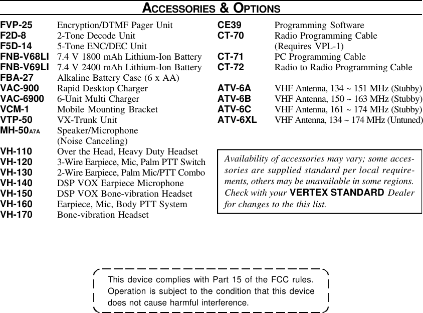 This device complies with Part 15 of the FCC rules.Operation is subject to the condition that this devicedoes not cause harmful interference.ACCESSORIES &amp; OPTIONSAvailability of accessories may vary; some acces-sories are supplied standard per local require-ments, others may be unavailable in some regions.Check with your VERTEX STANDARD Dealerfor changes to the this list.FVP-25 Encryption/DTMF Pager UnitF2D-8 2-Tone Decode UnitF5D-14 5-Tone ENC/DEC UnitFNB-V68LI 7.4 V 1800 mAh Lithium-Ion BatteryFNB-V69LI 7.4 V 2400 mAh Lithium-Ion BatteryFBA-27 Alkaline Battery Case (6 x AA)VAC-900 Rapid Desktop ChargerVAC-6900 6-Unit Multi ChargerVCM-1 Mobile Mounting BracketVTP-50 VX-Trunk UnitMH-50A7A Speaker/Microphone(Noise Canceling)VH-110 Over the Head, Heavy Duty HeadsetVH-120 3-Wire Earpiece, Mic, Palm PTT SwitchVH-130 2-Wire Earpiece, Palm Mic/PTT ComboVH-140 DSP VOX Earpiece MicrophoneVH-150 DSP VOX Bone-vibration HeadsetVH-160 Earpiece, Mic, Body PTT SystemVH-170 Bone-vibration HeadsetCE39 Programming SoftwareCT-70 Radio Programming Cable(Requires VPL-1)CT-71 PC Programming CableCT-72 Radio to Radio Programming CableATV-6A VHF Antenna, 134 ~ 151 MHz (Stubby)ATV-6B VHF Antenna, 150 ~ 163 MHz (Stubby)ATV-6C VHF Antenna, 161 ~ 174 MHz (Stubby)ATV-6XL VHF Antenna, 134 ~ 174 MHz (Untuned)