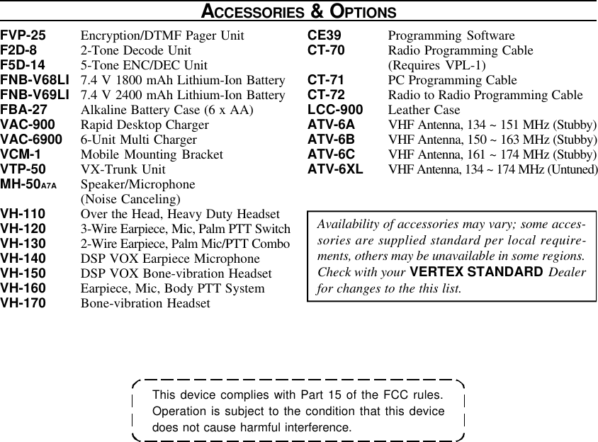 This device complies with Part 15 of the FCC rules.Operation is subject to the condition that this devicedoes not cause harmful interference.ACCESSORIES &amp; OPTIONSAvailability of accessories may vary; some acces-sories are supplied standard per local require-ments, others may be unavailable in some regions.Check with your VERTEX STANDARD Dealerfor changes to the this list.FVP-25 Encryption/DTMF Pager UnitF2D-8 2-Tone Decode UnitF5D-14 5-Tone ENC/DEC UnitFNB-V68LI 7.4 V 1800 mAh Lithium-Ion BatteryFNB-V69LI 7.4 V 2400 mAh Lithium-Ion BatteryFBA-27 Alkaline Battery Case (6 x AA)VAC-900 Rapid Desktop ChargerVAC-6900 6-Unit Multi ChargerVCM-1 Mobile Mounting BracketVTP-50 VX-Trunk UnitMH-50A7A Speaker/Microphone(Noise Canceling)VH-110 Over the Head, Heavy Duty HeadsetVH-120 3-Wire Earpiece, Mic, Palm PTT SwitchVH-130 2-Wire Earpiece, Palm Mic/PTT ComboVH-140 DSP VOX Earpiece MicrophoneVH-150 DSP VOX Bone-vibration HeadsetVH-160 Earpiece, Mic, Body PTT SystemVH-170 Bone-vibration HeadsetCE39 Programming SoftwareCT-70 Radio Programming Cable(Requires VPL-1)CT-71 PC Programming CableCT-72 Radio to Radio Programming CableLCC-900 Leather CaseATV-6A VHF Antenna, 134 ~ 151 MHz (Stubby)ATV-6B VHF Antenna, 150 ~ 163 MHz (Stubby)ATV-6C VHF Antenna, 161 ~ 174 MHz (Stubby)ATV-6XL VHF Antenna, 134 ~ 174 MHz (Untuned)