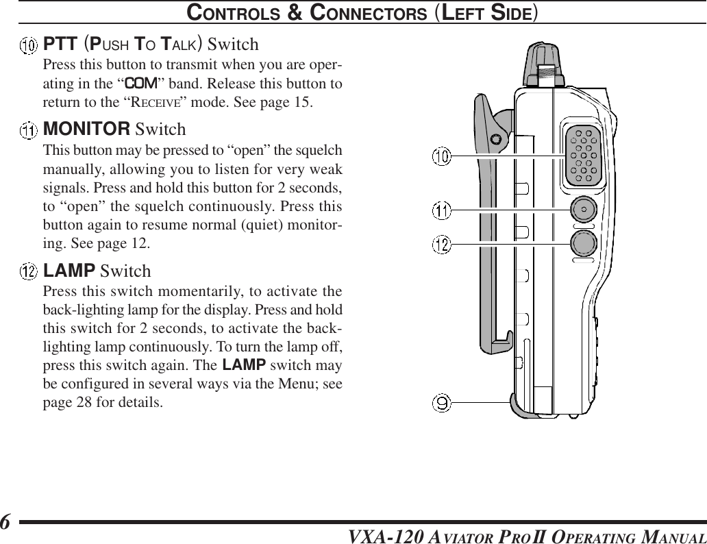 VXA-120 AVIATOR PROII OPERATING MANUAL6PTT (PUSH TO TALK) SwitchPress this button to transmit when you are oper-ating in the “COMCOMCOMCOMCOM” band. Release this button toreturn to the “RECEIVE” mode. See page 15.MONITOR SwitchThis button may be pressed to “open” the squelchmanually, allowing you to listen for very weaksignals. Press and hold this button for 2 seconds,to “open” the squelch continuously. Press thisbutton again to resume normal (quiet) monitor-ing. See page 12.LAMP SwitchPress this switch momentarily, to activate theback-lighting lamp for the display. Press and holdthis switch for 2 seconds, to activate the back-lighting lamp continuously. To turn the lamp off,press this switch again. The LAMP switch maybe configured in several ways via the Menu; seepage 28 for details.CONTROLS &amp; CONNECTORS (LEFT SIDE)