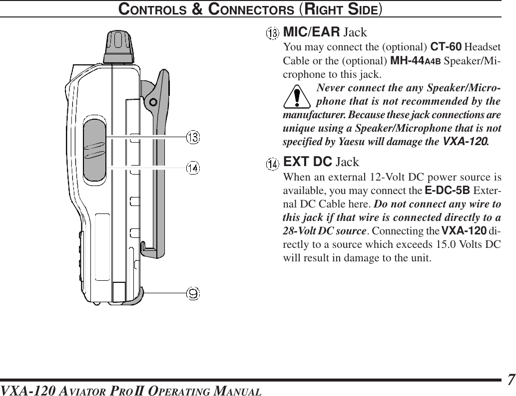 VXA-120 AVIATOR PROII OPERATING MANUAL 7CONTROLS &amp; CONNECTORS (RIGHT SIDE)MIC/EAR JackYou may connect the (optional) CT-60 HeadsetCable or the (optional) MH-44A4B Speaker/Mi-crophone to this jack.Never connect the any Speaker/Micro-phone that is not recommended by themanufacturer. Because these jack connections areunique using a Speaker/Microphone that is notspecified by Yaesu will damage the VXA-120.EXT DC JackWhen an external 12-Volt DC power source isavailable, you may connect the E-DC-5B Exter-nal DC Cable here. Do not connect any wire tothis jack if that wire is connected directly to a28-Volt DC source. Connecting the VXA-120 di-rectly to a source which exceeds 15.0 Volts DCwill result in damage to the unit.