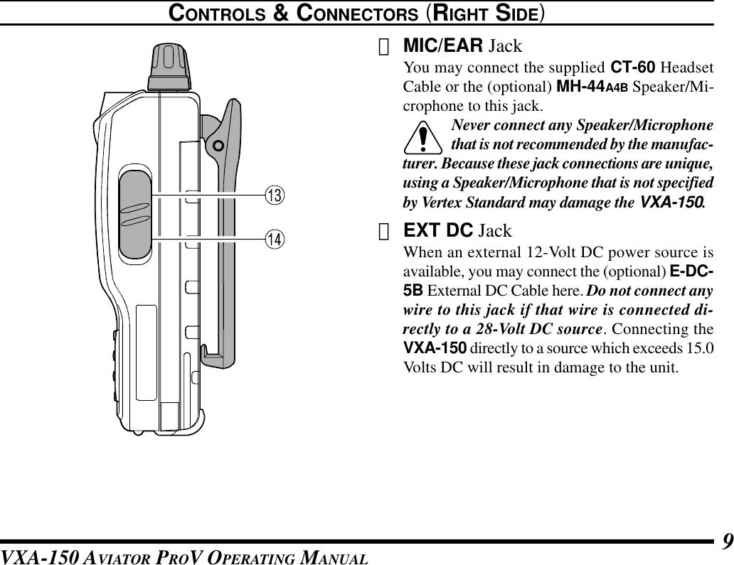 VXA-150 AVIATOR PROV OPERATING MANUAL 9CONTROLS &amp; CONNECTORS (RIGHT SIDE)⑬MIC/EAR JackYou may connect the supplied CT-60 HeadsetCable or the (optional) MH-44A4B Speaker/Mi-crophone to this jack.Never connect any Speaker/Microphonethat is not recommended by the manufac-turer. Because these jack connections are unique,using a Speaker/Microphone that is not specifiedby Vertex Standard may damage the VXA-150.⑭EXT DC JackWhen an external 12-Volt DC power source isavailable, you may connect the (optional) E-DC-5B External DC Cable here. Do not connect anywire to this jack if that wire is connected di-rectly to a 28-Volt DC source. Connecting theVXA-150 directly to a source which exceeds 15.0Volts DC will result in damage to the unit.