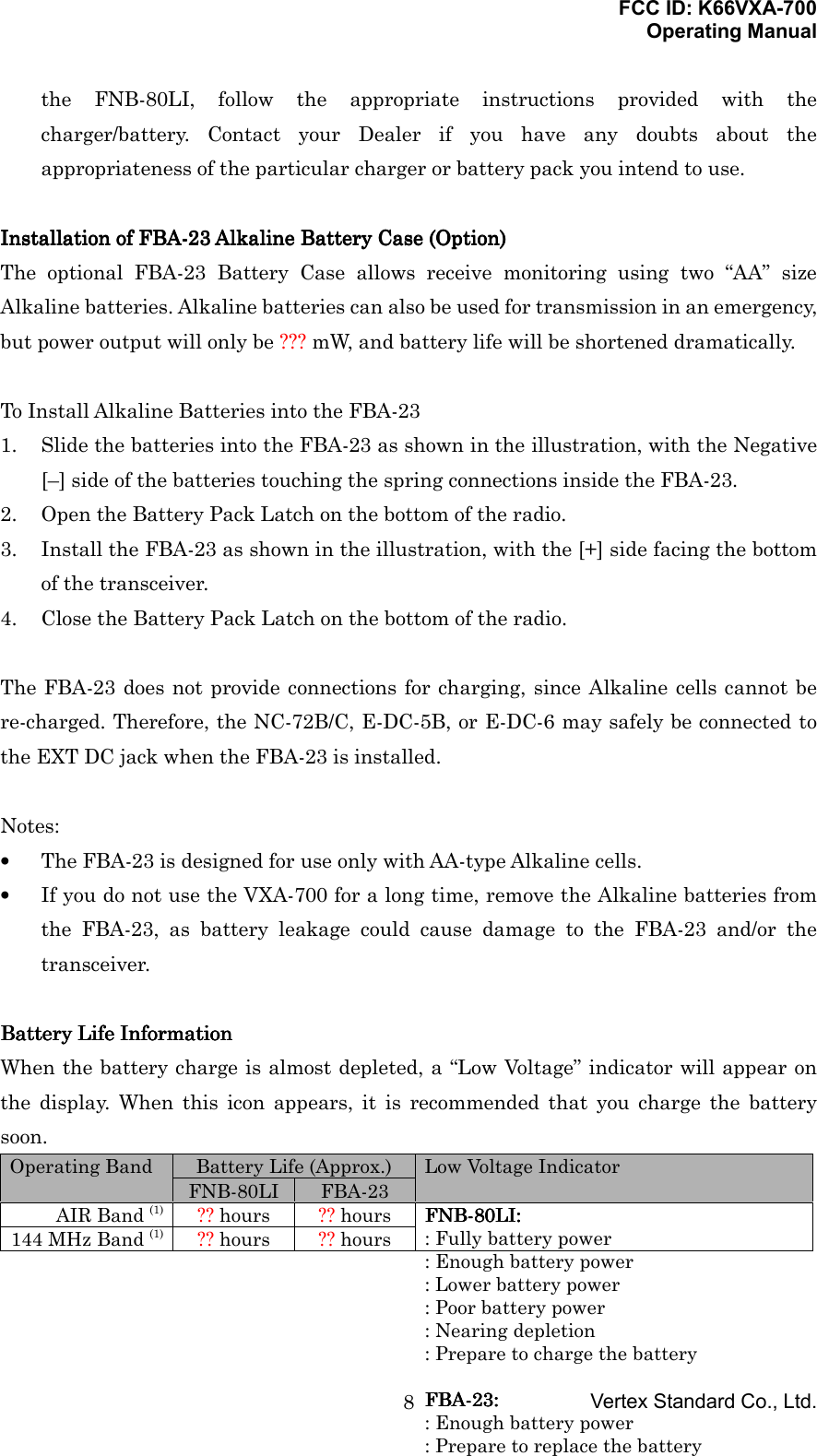 FCC ID: K66VXA-700Operating ManualVertex Standard Co., Ltd.8the FNB-80LI, follow the appropriate instructions provided with thecharger/battery. Contact your Dealer if you have any doubts about theappropriateness of the particular charger or battery pack you intend to use.Installation of FBA-23 Alkaline Battery Case (Option)Installation of FBA-23 Alkaline Battery Case (Option)Installation of FBA-23 Alkaline Battery Case (Option)Installation of FBA-23 Alkaline Battery Case (Option)The optional FBA-23 Battery Case allows receive monitoring using two “AA” sizeAlkaline batteries. Alkaline batteries can also be used for transmission in an emergency,but power output will only be ??? mW, and battery life will be shortened dramatically.To Install Alkaline Batteries into the FBA-231. Slide the batteries into the FBA-23 as shown in the illustration, with the Negative[–] side of the batteries touching the spring connections inside the FBA-23.2. Open the Battery Pack Latch on the bottom of the radio.3. Install the FBA-23 as shown in the illustration, with the [+] side facing the bottomof the transceiver.4. Close the Battery Pack Latch on the bottom of the radio.The FBA-23 does not provide connections for charging, since Alkaline cells cannot bere-charged. Therefore, the NC-72B/C, E-DC-5B, or E-DC-6 may safely be connected tothe EXT DC jack when the FBA-23 is installed.Notes:• The FBA-23 is designed for use only with AA-type Alkaline cells.• If you do not use the VXA-700 for a long time, remove the Alkaline batteries fromthe FBA-23, as battery leakage could cause damage to the FBA-23 and/or thetransceiver.Battery Life InformationBattery Life InformationBattery Life InformationBattery Life InformationWhen the battery charge is almost depleted, a “Low Voltage” indicator will appear onthe display. When this icon appears, it is recommended that you charge the batterysoon.Battery Life (Approx.)Operating BandFNB-80LI FBA-23Low Voltage IndicatorAIR Band (1) ?? hours ?? hours144 MHz Band (1) ?? hours ?? hoursFNB-80LI:FNB-80LI:FNB-80LI:FNB-80LI:: Fully battery power: Enough battery power: Lower battery power: Poor battery power: Nearing depletion: Prepare to charge the batteryFBA-23:FBA-23:FBA-23:FBA-23:: Enough battery power: Prepare to replace the battery