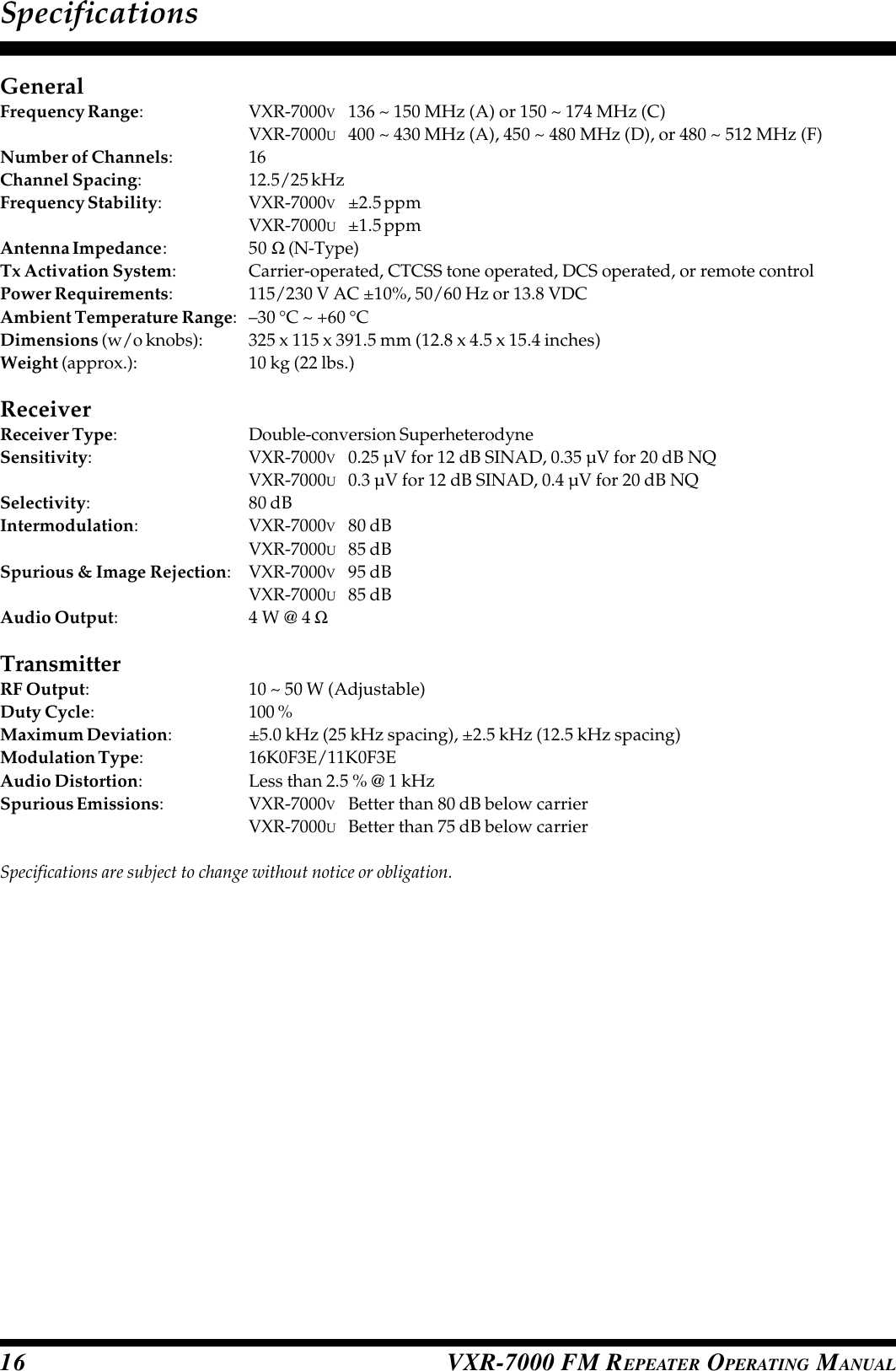 VXR-7000 FM REPEATER OPERATING MANUAL16SpecificationsGeneralFrequency Range:VXR-7000V136 ~ 150 MHz (A) or 150 ~ 174 MHz (C)VXR-7000U400 ~ 430 MHz (A), 450 ~ 480 MHz (D), or 480 ~ 512 MHz (F)Number of Channels:16Channel Spacing:12.5/25 kHzFrequency Stability:VXR-7000V±2.5 ppmVXR-7000U±1.5 ppmAntenna Impedance:50 Ω (N-Type)Tx Activation System:Carrier-operated, CTCSS tone operated, DCS operated, or remote controlPower Requirements:115/230 V AC ±10%, 50/60 Hz or 13.8 VDCAmbient Temperature Range:–30 °C ~ +60 °CDimensions (w/o knobs): 325 x 115 x 391.5 mm (12.8 x 4.5 x 15.4 inches)Weight (approx.): 10 kg (22 lbs.)ReceiverReceiver Type:Double-conversion SuperheterodyneSensitivity:VXR-7000V0.25 µV for 12 dB SINAD, 0.35 µV for 20 dB NQVXR-7000U0.3 µV for 12 dB SINAD, 0.4 µV for 20 dB NQSelectivity:80 dBIntermodulation:VXR-7000V80 dBVXR-7000U85 dBSpurious &amp; Image Rejection:VXR-7000V95 dBVXR-7000U85 dBAudio Output:4 W @ 4 ΩTransmitterRF Output:10 ~ 50 W (Adjustable)Duty Cycle:100 %Maximum Deviation:±5.0 kHz (25 kHz spacing), ±2.5 kHz (12.5 kHz spacing)Modulation Type:16K0F3E/11K0F3EAudio Distortion:Less than 2.5 % @ 1 kHzSpurious Emissions:VXR-7000VBetter than 80 dB below carrierVXR-7000UBetter than 75 dB below carrierSpecifications are subject to change without notice or obligation.