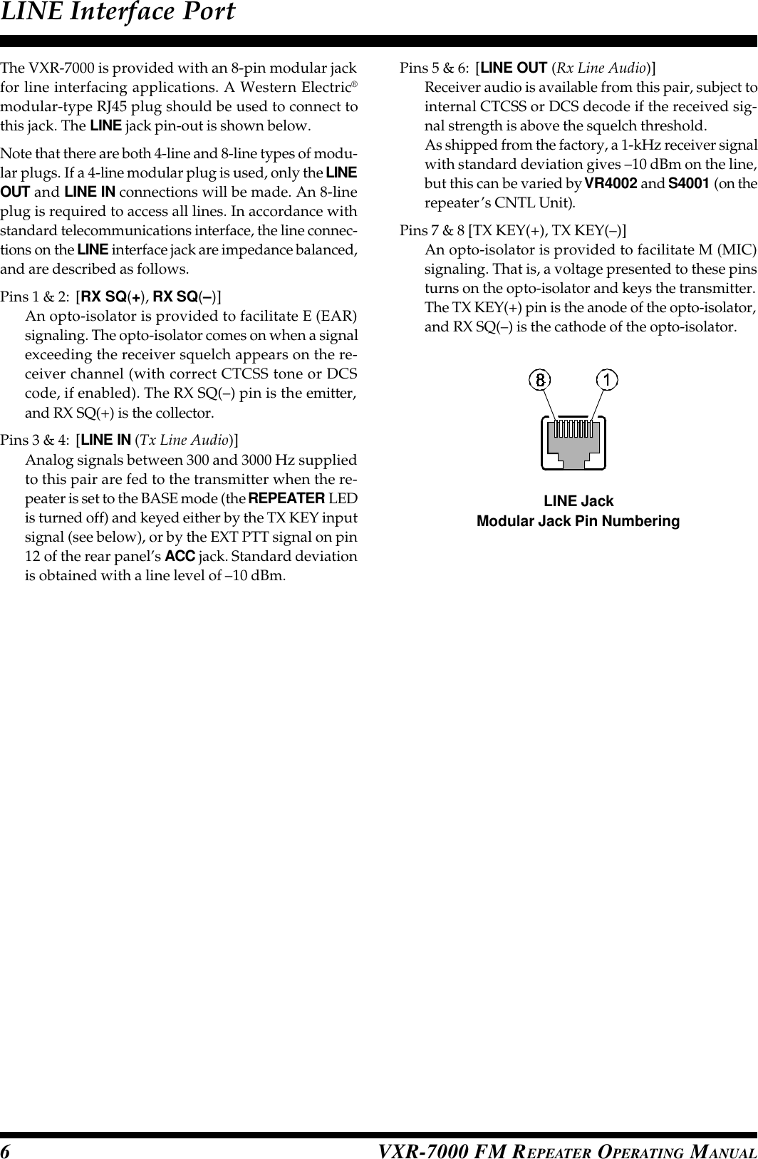 VXR-7000 FM REPEATER OPERATING MANUAL6The VXR-7000 is provided with an 8-pin modular jackfor line interfacing applications. A Western Electric®modular-type RJ45 plug should be used to connect tothis jack. The LINE jack pin-out is shown below.Note that there are both 4-line and 8-line types of modu-lar plugs. If a 4-line modular plug is used, only the LINEOUT and LINE IN connections will be made. An 8-lineplug is required to access all lines. In accordance withstandard telecommunications interface, the line connec-tions on the LINE interface jack are impedance balanced,and are described as follows.Pins 1 &amp; 2: [RX SQ(+), RX SQ(–)]An opto-isolator is provided to facilitate E (EAR)signaling. The opto-isolator comes on when a signalexceeding the receiver squelch appears on the re-ceiver channel (with correct CTCSS tone or DCScode, if enabled). The RX SQ(–) pin is the emitter,and RX SQ(+) is the collector.Pins 3 &amp; 4: [LINE IN (Tx Line Audio)]Analog signals between 300 and 3000 Hz suppliedto this pair are fed to the transmitter when the re-peater is set to the BASE mode (the REPEATER LEDis turned off) and keyed either by the TX KEY inputsignal (see below), or by the EXT PTT signal on pin12 of the rear panel’s ACC jack. Standard deviationis obtained with a line level of –10 dBm.Pins 5 &amp; 6: [LINE OUT (Rx Line Audio)]Receiver audio is available from this pair, subject tointernal CTCSS or DCS decode if the received sig-nal strength is above the squelch threshold.As shipped from the factory, a 1-kHz receiver signalwith standard deviation gives –10 dBm on the line,but this can be varied by VR4002 and S4001 (on therepeater’s CNTL Unit).Pins 7 &amp; 8 [TX KEY(+), TX KEY(–)]An opto-isolator is provided to facilitate M (MIC)signaling. That is, a voltage presented to these pinsturns on the opto-isolator and keys the transmitter.The TX KEY(+) pin is the anode of the opto-isolator,and RX SQ(–) is the cathode of the opto-isolator.LINE Interface PortLINE JackModular Jack Pin Numbering