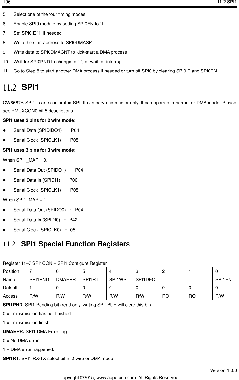 106    11.2 SPI1         Version 1.0.0 Copyright &copy;2015, www.appotech.com. All Rights Reserved.   5.  Select one of the four timing modes 6. Enable SPI0 module by setting SPI0EN to &bdquo;1‟ 7. Set SPI0IE &bdquo;1‟ if needed 8.  Write the start address to SPI0DMASP 9.  Write data to SPI0DMACNT to kick-start a DMA process 10. Wait for SPI0PND to change to &bdquo;1‟, or wait for interrupt 11.  Go to Step 8 to start another DMA process if needed or turn off SPI0 by clearing SPI0IE and SPI0EN 11.2   SPI1 CW6687B SPI1 is an accelerated SPI. It can serve as master only. It can operate in normal or DMA mode. Please see PMUXCON0 bit 5 descriptions SPI1 uses 2 pins for 2 wire mode:    Serial Data (SPIDIDO1)  &ndash;  P04  Serial Clock (SPICLK1)  &ndash;  P05 SPI1 uses 3 pins for 3 wire mode:   When SPI1_MAP = 0,    Serial Data Out (SPIDO1)  &ndash;  P04  Serial Data In (SPIDI1)  &ndash;  P06  Serial Clock (SPICLK1)  &ndash;  P05 When SPI1_MAP = 1,    Serial Data Out (SPIDO0)  &ndash;  P04  Serial Data In (SPIDI0)  &ndash;  P42  Serial Clock (SPICLK0)  &ndash; 05 11.2.1 SPI1 Special Function Registers Register 11&ndash;7 SPI1CON &ndash; SPI1 Configure Register   Position  7  6  5  4  3  2  1  0 Name  SPI1PND  DMAERR  SPI1RT  SPI1WS  SPI1DEC    SPI1EN Default  1  0  0  0  0  0  0  0 Access  R/W  R/W  R/W  R/W  R/W  RO  RO  R/W SPI1PND: SPI1 Pending bit (read only, writing SPI1BUF will clear this bit) 0 = Transmission has not finished 1 = Transmission finish DMAERR: SPI1 DMA Error flag 0 = No DMA error 1 = DMA error happened. SPI1RT: SPI1 RX/TX select bit in 2-wire or DMA mode 