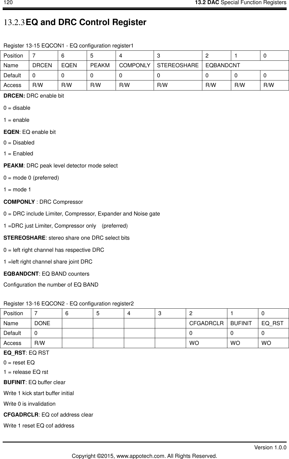 120    13.2 DAC Special Function Registers         Version 1.0.0 Copyright &copy;2015, www.appotech.com. All Rights Reserved.   13.2.3 EQ and DRC Control Register Register 13-15 EQCON1 - EQ configuration register1 Position  7  6  5  4  3  2  1  0 Name  DRCEN  EQEN  PEAKM  COMPONLY  STEREOSHARE  EQBANDCNT Default  0  0  0  0  0  0  0  0 Access  R/W  R/W  R/W  R/W  R/W  R/W  R/W  R/W DRCEN: DRC enable bit 0 = disable 1 = enable EQEN: EQ enable bit 0 = Disabled 1 = Enabled PEAKM: DRC peak level detector mode select 0 = mode 0 (preferred) 1 = mode 1   COMPONLY : DRC Compressor   0 = DRC include Limiter, Compressor, Expander and Noise gate 1 =DRC just Limiter, Compressor only  (preferred) STEREOSHARE: stereo share one DRC select bits 0 = left right channel has respective DRC 1 =left right channel share joint DRC EQBANDCNT: EQ BAND counters Configuration the number of EQ BAND Register 13-16 EQCON2 - EQ configuration register2 Position  7  6  5  4  3  2  1  0 Name  DONE          CFGADRCLR  BUFINIT  EQ_RST Default  0          0  0  0 Access  R/W          WO WO WO EQ_RST: EQ RST   0 = reset EQ   1 = release EQ rst BUFINIT: EQ buffer clear Write 1 kick start buffer initial Write 0 is invalidation CFGADRCLR: EQ cof address clear Write 1 reset EQ cof address 