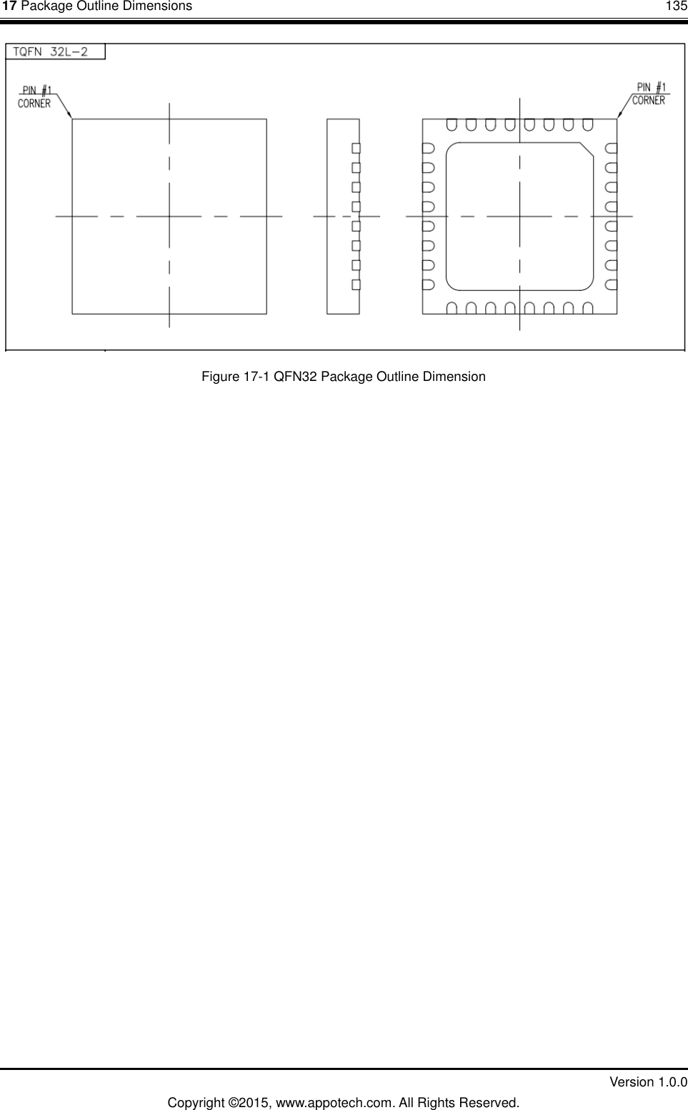 17 Package Outline Dimensions       135         Version 1.0.0 Copyright &copy;2015, www.appotech.com. All Rights Reserved.  Figure 17-1 QFN32 Package Outline Dimension  