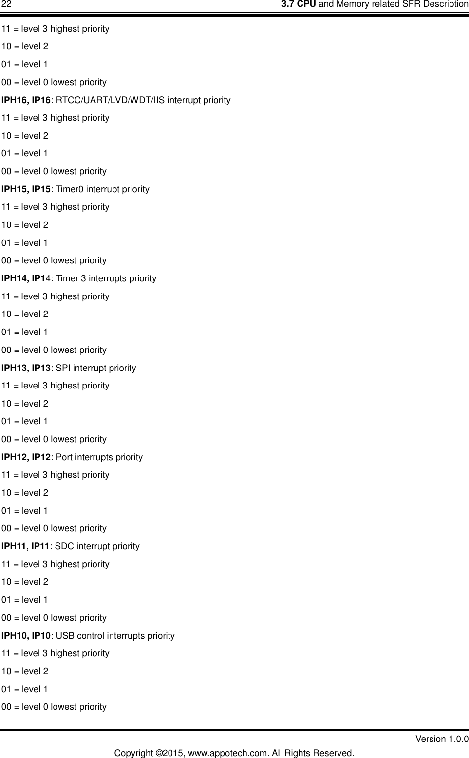 22    3.7 CPU and Memory related SFR Description         Version 1.0.0 Copyright &copy;2015, www.appotech.com. All Rights Reserved.   11 = level 3 highest priority 10 = level 2 01 = level 1 00 = level 0 lowest priority IPH16, IP16: RTCC/UART/LVD/WDT/IIS interrupt priority 11 = level 3 highest priority 10 = level 2 01 = level 1 00 = level 0 lowest priority IPH15, IP15: Timer0 interrupt priority 11 = level 3 highest priority 10 = level 2 01 = level 1 00 = level 0 lowest priority IPH14, IP14: Timer 3 interrupts priority 11 = level 3 highest priority 10 = level 2 01 = level 1 00 = level 0 lowest priority IPH13, IP13: SPI interrupt priority 11 = level 3 highest priority 10 = level 2 01 = level 1 00 = level 0 lowest priority IPH12, IP12: Port interrupts priority 11 = level 3 highest priority 10 = level 2 01 = level 1 00 = level 0 lowest priority IPH11, IP11: SDC interrupt priority 11 = level 3 highest priority 10 = level 2 01 = level 1 00 = level 0 lowest priority IPH10, IP10: USB control interrupts priority 11 = level 3 highest priority 10 = level 2 01 = level 1 00 = level 0 lowest priority 