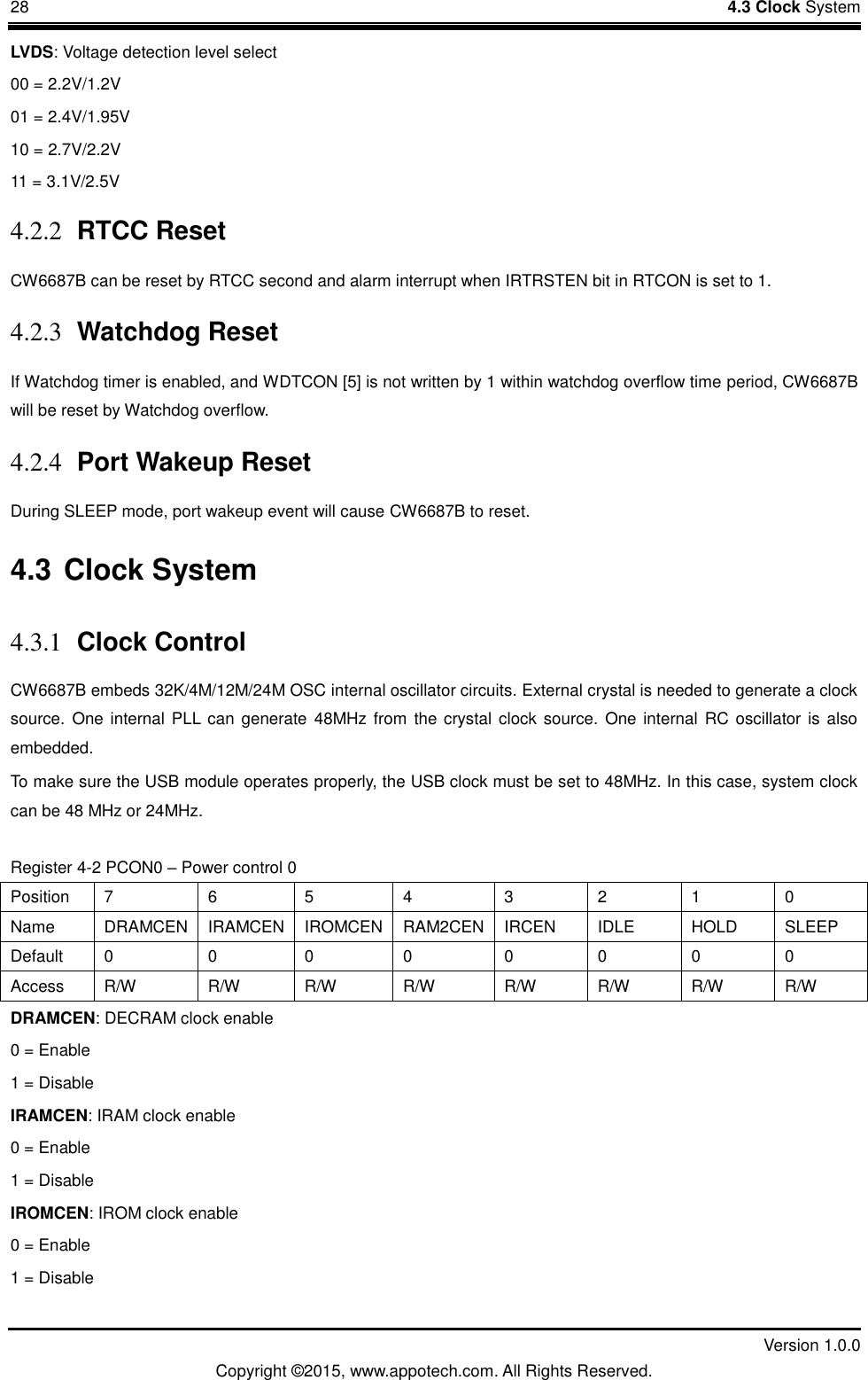28    4.3 Clock System         Version 1.0.0 Copyright &copy;2015, www.appotech.com. All Rights Reserved.   LVDS: Voltage detection level select 00 = 2.2V/1.2V 01 = 2.4V/1.95V 10 = 2.7V/2.2V 11 = 3.1V/2.5V 4.2.2 RTCC Reset CW6687B can be reset by RTCC second and alarm interrupt when IRTRSTEN bit in RTCON is set to 1. 4.2.3 Watchdog Reset If Watchdog timer is enabled, and WDTCON [5] is not written by 1 within watchdog overflow time period, CW6687B will be reset by Watchdog overflow. 4.2.4 Port Wakeup Reset During SLEEP mode, port wakeup event will cause CW6687B to reset. 4.3 Clock System 4.3.1 Clock Control CW6687B embeds 32K/4M/12M/24M OSC internal oscillator circuits. External crystal is needed to generate a clock source.  One internal PLL can  generate  48MHz from the crystal clock source.  One internal  RC oscillator is also embedded. To make sure the USB module operates properly, the USB clock must be set to 48MHz. In this case, system clock can be 48 MHz or 24MHz. Register 4-2 PCON0 &ndash; Power control 0 Position  7  6  5  4  3  2  1  0 Name  DRAMCEN  IRAMCEN  IROMCEN  RAM2CEN  IRCEN  IDLE  HOLD  SLEEP Default  0  0  0  0  0  0  0  0 Access  R/W  R/W  R/W  R/W  R/W  R/W  R/W  R/W DRAMCEN: DECRAM clock enable 0 = Enable 1 = Disable IRAMCEN: IRAM clock enable 0 = Enable 1 = Disable IROMCEN: IROM clock enable 0 = Enable 1 = Disable 