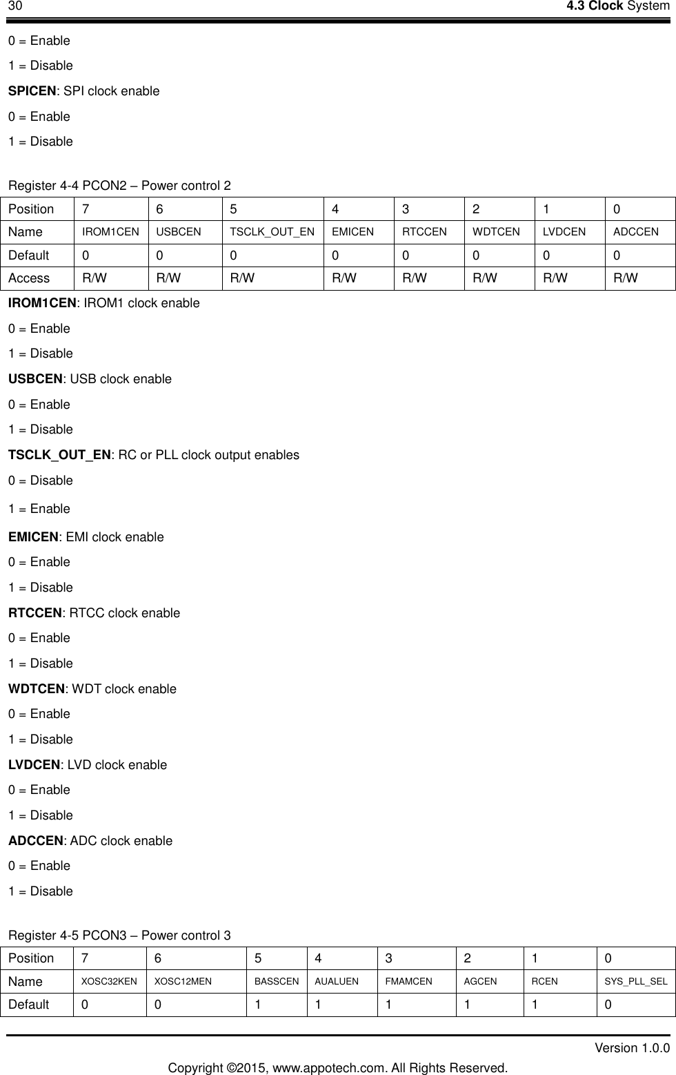 30    4.3 Clock System         Version 1.0.0 Copyright &copy;2015, www.appotech.com. All Rights Reserved.   0 = Enable 1 = Disable SPICEN: SPI clock enable 0 = Enable 1 = Disable Register 4-4 PCON2 &ndash; Power control 2 Position  7  6  5  4  3  2  1  0 Name  IROM1CEN  USBCEN  TSCLK_OUT_EN  EMICEN  RTCCEN  WDTCEN  LVDCEN  ADCCEN Default  0  0  0  0  0  0  0  0 Access  R/W  R/W  R/W  R/W  R/W  R/W  R/W  R/W IROM1CEN: IROM1 clock enable 0 = Enable 1 = Disable USBCEN: USB clock enable 0 = Enable 1 = Disable TSCLK_OUT_EN: RC or PLL clock output enables 0 = Disable 1 = Enable EMICEN: EMI clock enable 0 = Enable 1 = Disable RTCCEN: RTCC clock enable 0 = Enable 1 = Disable WDTCEN: WDT clock enable 0 = Enable 1 = Disable LVDCEN: LVD clock enable 0 = Enable 1 = Disable ADCCEN: ADC clock enable 0 = Enable 1 = Disable Register 4-5 PCON3 &ndash; Power control 3 Position  7  6  5  4  3  2  1  0 Name  XOSC32KEN  XOSC12MEN  BASSCEN AUALUEN FMAMCEN AGCEN RCEN  SYS_PLL_SEL Default  0  0  1  1  1  1  1  0 