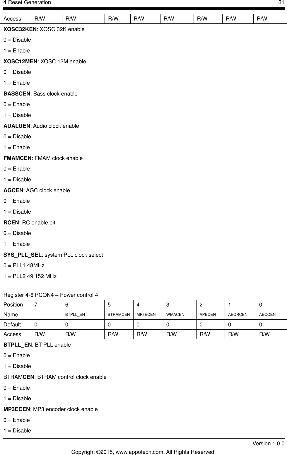 4 Reset Generation       31         Version 1.0.0 Copyright &copy;2015, www.appotech.com. All Rights Reserved. Access  R/W  R/W  R/W  R/W  R/W  R/W  R/W  R/W XOSC32KEN: XOSC 32K enable 0 = Disable 1 = Enable XOSC12MEN: XOSC 12M enable 0 = Disable 1 = Enable BASSCEN: Bass clock enable 0 = Enable 1 = Disable AUALUEN: Audio clock enable 0 = Disable 1 = Enable FMAMCEN: FMAM clock enable 0 = Enable 1 = Disable AGCEN: AGC clock enable 0 = Enable 1 = Disable RCEN: RC enable bit 0 = Disable 1 = Enable SYS_PLL_SEL: system PLL clock select 0 = PLL1 48MHz 1 = PLL2 49.152 MHz Register 4-6 PCON4 &ndash; Power control 4 Position  7  6  5  4  3  2  1  0 Name   BTPLL_EN BTRAMCEN MP3ECEN  WMACEN  APECEN AECRCEN AECCEN Default  0  0  0  0  0  0  0  0 Access  R/W  R/W  R/W  R/W  R/W  R/W  R/W  R/W BTPLL_EN: BT PLL enable 0 = Enable 1 = Disable BTRAMCEN: BTRAM control clock enable 0 = Enable 1 = Disable MP3ECEN: MP3 encoder clock enable 0 = Enable 1 = Disable 