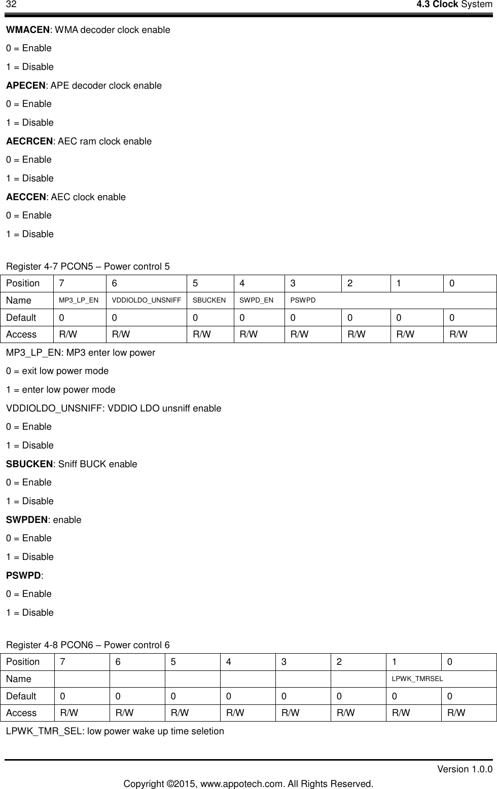 32    4.3 Clock System         Version 1.0.0 Copyright &copy;2015, www.appotech.com. All Rights Reserved.   WMACEN: WMA decoder clock enable 0 = Enable 1 = Disable APECEN: APE decoder clock enable 0 = Enable 1 = Disable AECRCEN: AEC ram clock enable 0 = Enable 1 = Disable AECCEN: AEC clock enable 0 = Enable 1 = Disable Register 4-7 PCON5 &ndash; Power control 5 Position  7  6  5  4  3  2  1  0 Name  MP3_LP_EN VDDIOLDO_UNSNIFF SBUCKEN  SWPD_EN  PSWPD Default  0  0  0  0  0  0  0  0 Access  R/W  R/W  R/W  R/W  R/W  R/W  R/W  R/W MP3_LP_EN: MP3 enter low power 0 = exit low power mode 1 = enter low power mode VDDIOLDO_UNSNIFF: VDDIO LDO unsniff enable 0 = Enable 1 = Disable SBUCKEN: Sniff BUCK enable 0 = Enable 1 = Disable SWPDEN: enable 0 = Enable 1 = Disable PSWPD:   0 = Enable 1 = Disable Register 4-8 PCON6 &ndash; Power control 6 Position  7  6  5  4  3  2  1  0 Name              LPWK_TMRSEL Default  0  0  0  0  0  0  0  0 Access  R/W  R/W  R/W  R/W  R/W  R/W  R/W  R/W LPWK_TMR_SEL: low power wake up time seletion 
