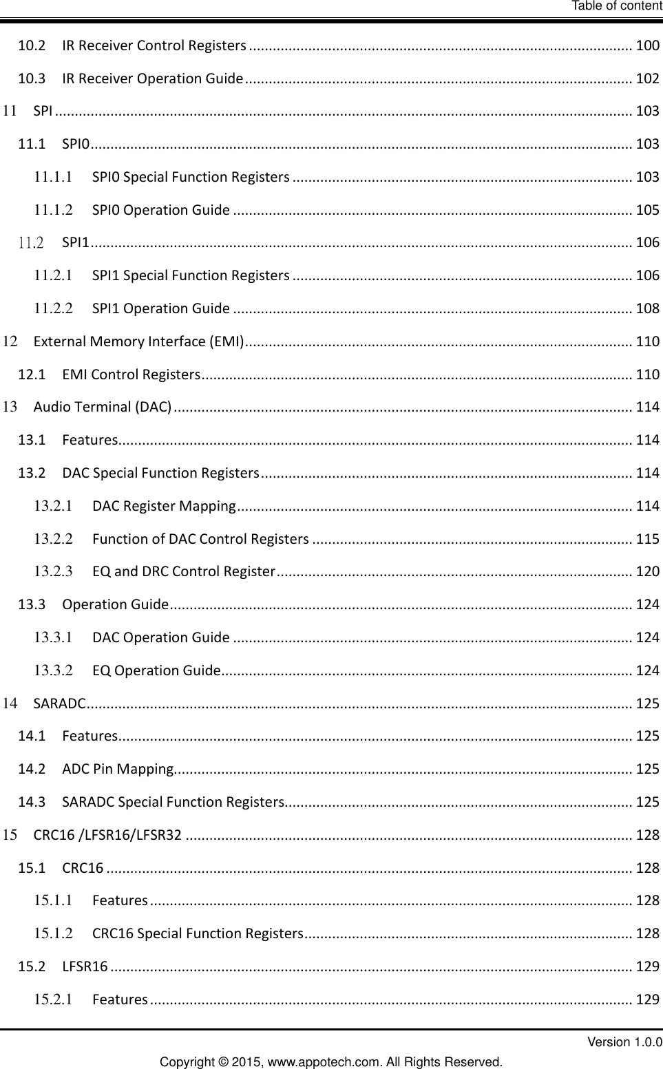 IV                  Table of content         Version 1.0.0 Copyright &copy; 2015, www.appotech.com. All Rights Reserved.   10.2 IR Receiver Control Registers ................................................................................................. 100 10.3 IR Receiver Operation Guide .................................................................................................. 102 11 SPI .................................................................................................................................................. 103 11.1 SPI0 ......................................................................................................................................... 103 11.1.1 SPI0 Special Function Registers ...................................................................................... 103 11.1.2 SPI0 Operation Guide ..................................................................................................... 105 11.2 SPI1 ......................................................................................................................................... 106 11.2.1 SPI1 Special Function Registers ...................................................................................... 106 11.2.2 SPI1 Operation Guide ..................................................................................................... 108 12 External Memory Interface (EMI) .................................................................................................. 110 12.1 EMI Control Registers ............................................................................................................. 110 13 Audio Terminal (DAC) .................................................................................................................... 114 13.1 Features .................................................................................................................................. 114 13.2 DAC Special Function Registers .............................................................................................. 114 13.2.1 DAC Register Mapping .................................................................................................... 114 13.2.2 Function of DAC Control Registers ................................................................................. 115 13.2.3 EQ and DRC Control Register .......................................................................................... 120 13.3 Operation Guide ..................................................................................................................... 124 13.3.1 DAC Operation Guide ..................................................................................................... 124 13.3.2 EQ Operation Guide ........................................................................................................ 124 14 SARADC .......................................................................................................................................... 125 14.1 Features .................................................................................................................................. 125 14.2 ADC Pin Mapping.................................................................................................................... 125 14.3 SARADC Special Function Registers........................................................................................ 125 15 CRC16 /LFSR16/LFSR32 ................................................................................................................. 128 15.1 CRC16 ..................................................................................................................................... 128 15.1.1 Features .......................................................................................................................... 128 15.1.2 CRC16 Special Function Registers ................................................................................... 128 15.2 LFSR16 .................................................................................................................................... 129 15.2.1 Features .......................................................................................................................... 129 