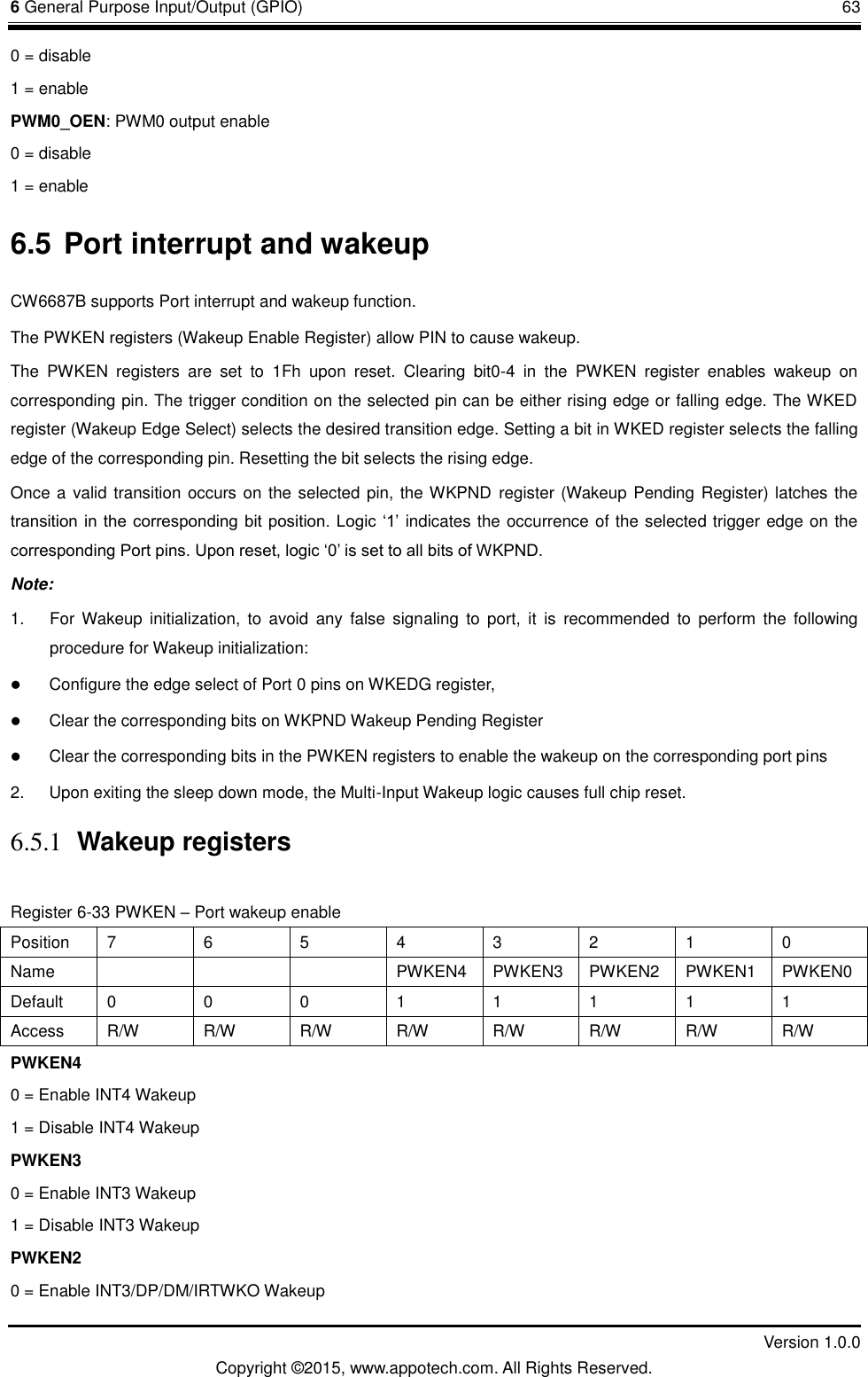 6 General Purpose Input/Output (GPIO)       63         Version 1.0.0 Copyright &copy;2015, www.appotech.com. All Rights Reserved. 0 = disable 1 = enable PWM0_OEN: PWM0 output enable 0 = disable 1 = enable 6.5 Port interrupt and wakeup CW6687B supports Port interrupt and wakeup function. The PWKEN registers (Wakeup Enable Register) allow PIN to cause wakeup. The  PWKEN  registers  are  set  to  1Fh  upon  reset.  Clearing  bit0-4  in  the  PWKEN  register  enables  wakeup  on corresponding pin. The trigger condition on the selected pin can be either rising edge or falling edge. The WKED register (Wakeup Edge Select) selects the desired transition edge. Setting a bit in WKED register selects the falling edge of the corresponding pin. Resetting the bit selects the rising edge.   Once a valid transition occurs on the selected pin, the WKPND register (Wakeup Pending Register) latches the transition in the  corresponding bit position. Logic &bdquo;1‟  indicates the occurrence of the selected trigger edge on the corresponding Port pins. Upon reset, logic &bdquo;0‟ is set to all bits of WKPND. Note: 1.  For  Wakeup  initialization,  to  avoid  any  false  signaling  to  port,  it  is  recommended  to  perform  the  following procedure for Wakeup initialization:    Configure the edge select of Port 0 pins on WKEDG register,  Clear the corresponding bits on WKPND Wakeup Pending Register  Clear the corresponding bits in the PWKEN registers to enable the wakeup on the corresponding port pins 2.  Upon exiting the sleep down mode, the Multi-Input Wakeup logic causes full chip reset. 6.5.1 Wakeup registers Register 6-33 PWKEN &ndash; Port wakeup enable Position  7  6  5  4  3  2  1  0 Name        PWKEN4  PWKEN3  PWKEN2  PWKEN1  PWKEN0 Default  0  0  0  1  1  1  1  1 Access  R/W  R/W  R/W  R/W  R/W  R/W  R/W  R/W PWKEN4 0 = Enable INT4 Wakeup 1 = Disable INT4 Wakeup PWKEN3 0 = Enable INT3 Wakeup 1 = Disable INT3 Wakeup PWKEN2 0 = Enable INT3/DP/DM/IRTWKO Wakeup 