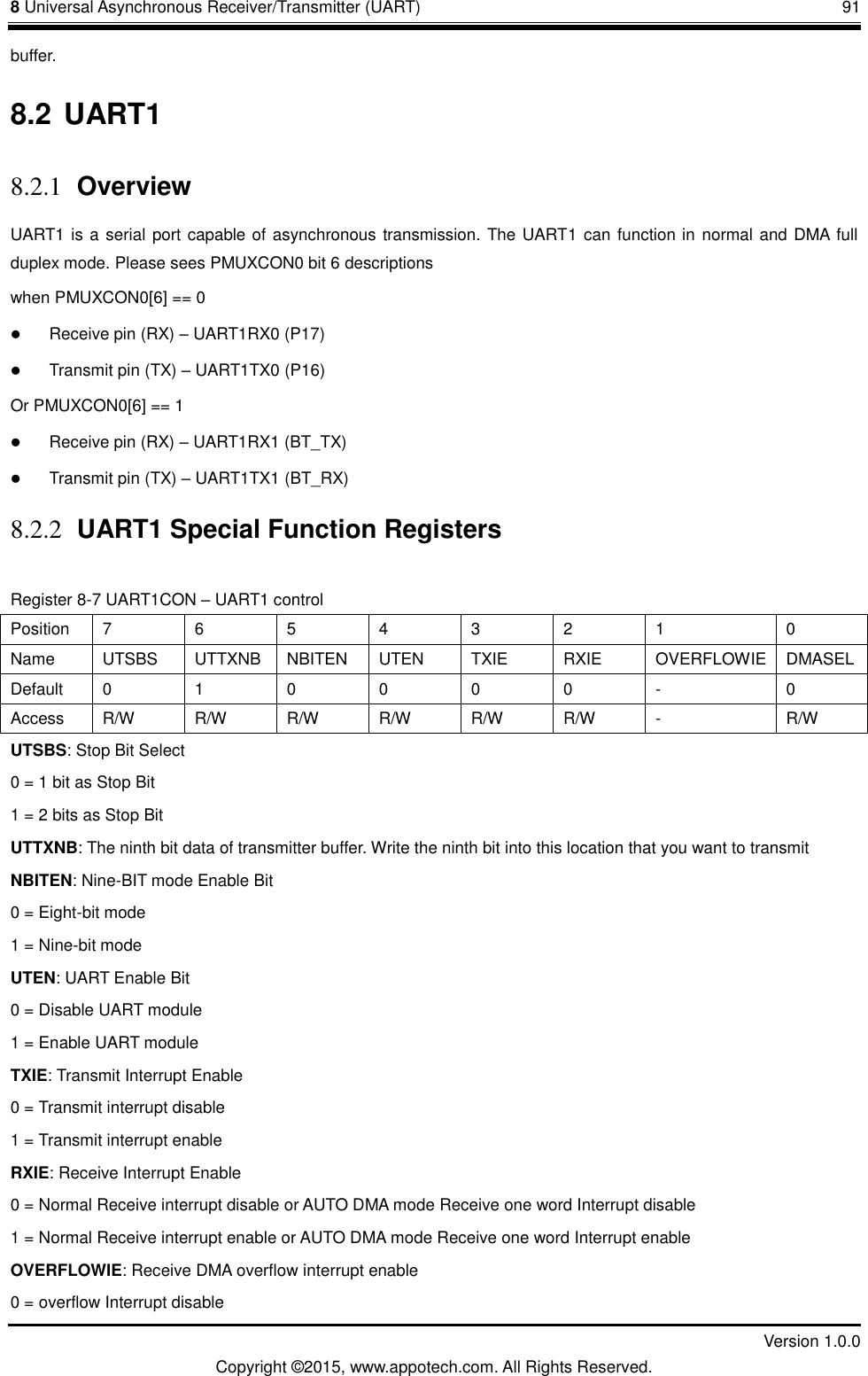 8 Universal Asynchronous Receiver/Transmitter (UART)       91         Version 1.0.0 Copyright &copy;2015, www.appotech.com. All Rights Reserved. buffer. 8.2 UART1 8.2.1 Overview UART1 is a serial port capable of asynchronous transmission. The UART1 can function in normal and DMA full duplex mode. Please sees PMUXCON0 bit 6 descriptions when PMUXCON0[6] == 0  Receive pin (RX) &ndash; UART1RX0 (P17)  Transmit pin (TX) &ndash; UART1TX0 (P16) Or PMUXCON0[6] == 1  Receive pin (RX) &ndash; UART1RX1 (BT_TX)  Transmit pin (TX) &ndash; UART1TX1 (BT_RX) 8.2.2 UART1 Special Function Registers Register 8-7 UART1CON &ndash; UART1 control Position  7  6  5  4  3  2  1  0 Name  UTSBS  UTTXNB  NBITEN  UTEN  TXIE  RXIE  OVERFLOWIE  DMASEL Default  0  1  0  0  0  0  -  0 Access  R/W  R/W  R/W  R/W  R/W  R/W  -  R/W UTSBS: Stop Bit Select 0 = 1 bit as Stop Bit 1 = 2 bits as Stop Bit UTTXNB: The ninth bit data of transmitter buffer. Write the ninth bit into this location that you want to transmit   NBITEN: Nine-BIT mode Enable Bit 0 = Eight-bit mode 1 = Nine-bit mode UTEN: UART Enable Bit 0 = Disable UART module 1 = Enable UART module TXIE: Transmit Interrupt Enable 0 = Transmit interrupt disable 1 = Transmit interrupt enable RXIE: Receive Interrupt Enable 0 = Normal Receive interrupt disable or AUTO DMA mode Receive one word Interrupt disable 1 = Normal Receive interrupt enable or AUTO DMA mode Receive one word Interrupt enable OVERFLOWIE: Receive DMA overflow interrupt enable 0 = overflow Interrupt disable 