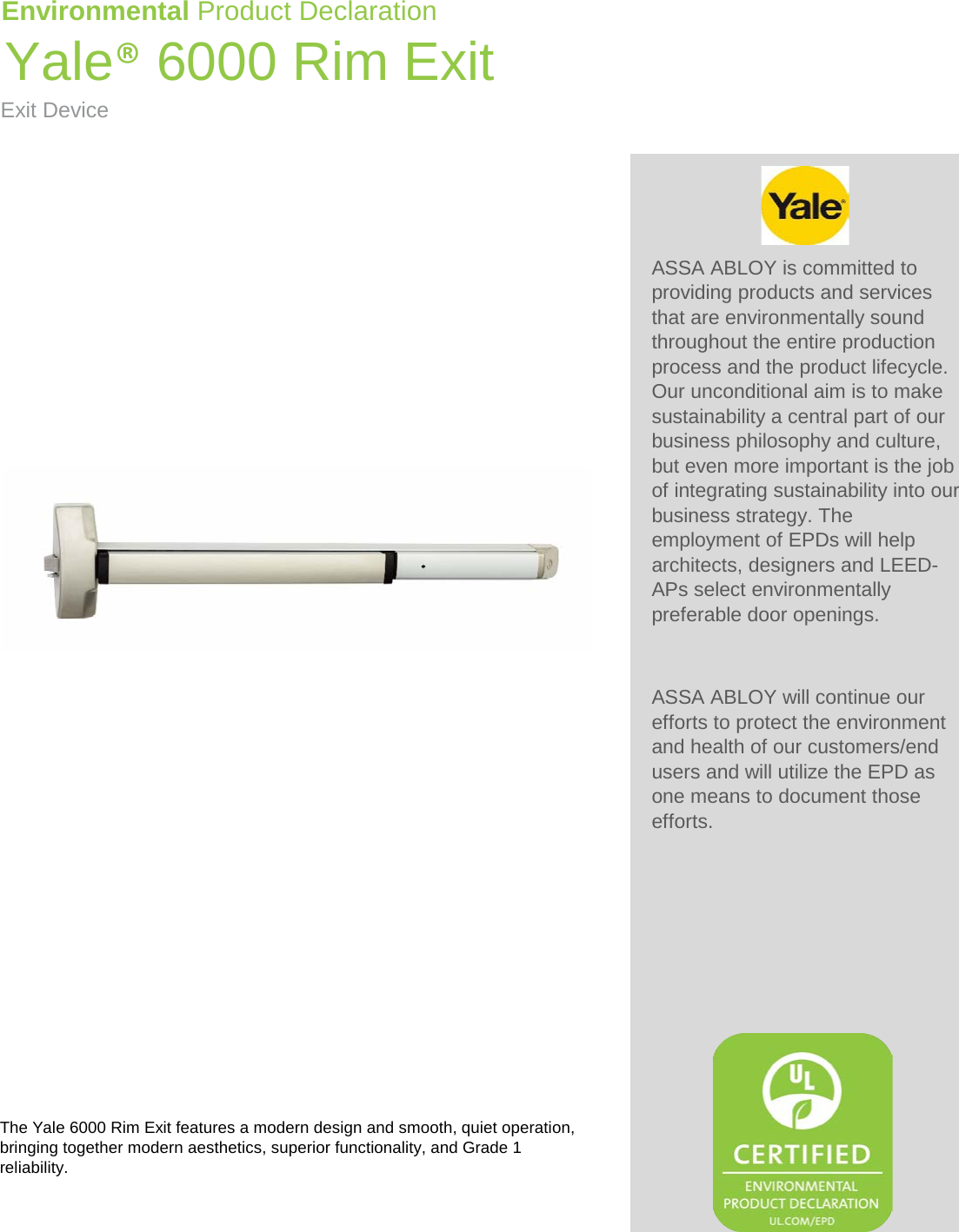 Yale 6000 Series Rim Exit Device Environment Product Declaration (EPD