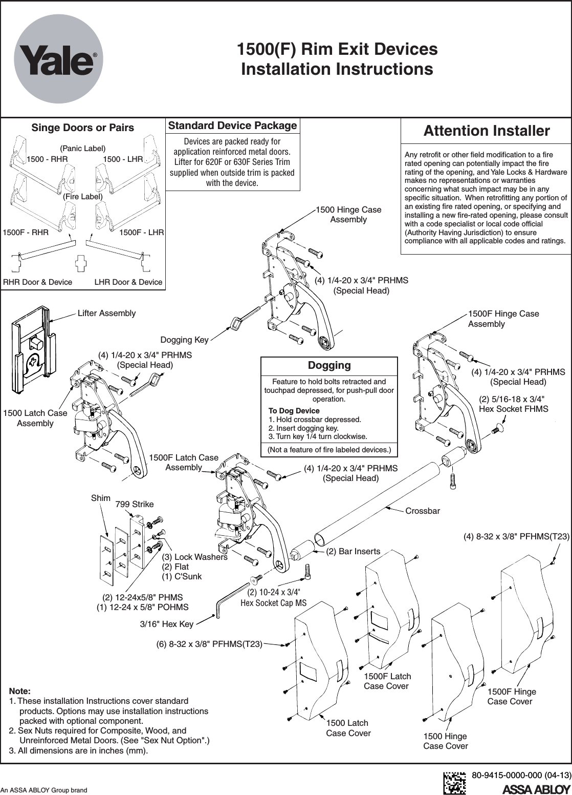 Page 1 of 6 - Yale  1500 Rim Exit Device Installation Instructions 1500seriesinstallation