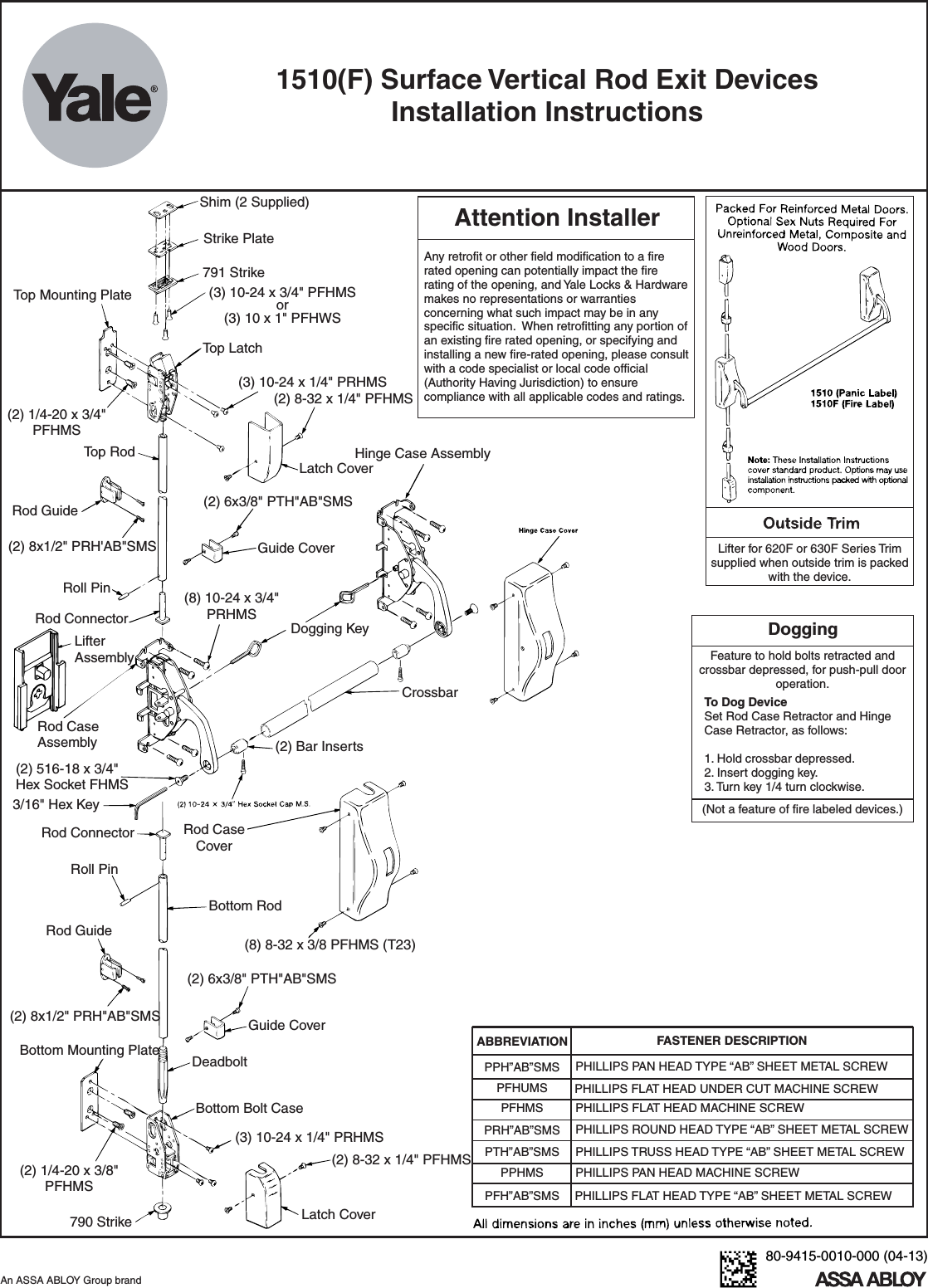 Page 1 of 8 - Yale  1510 Surface Vertical Rod Exit Device Installation Instructions 1510seriesinstallation