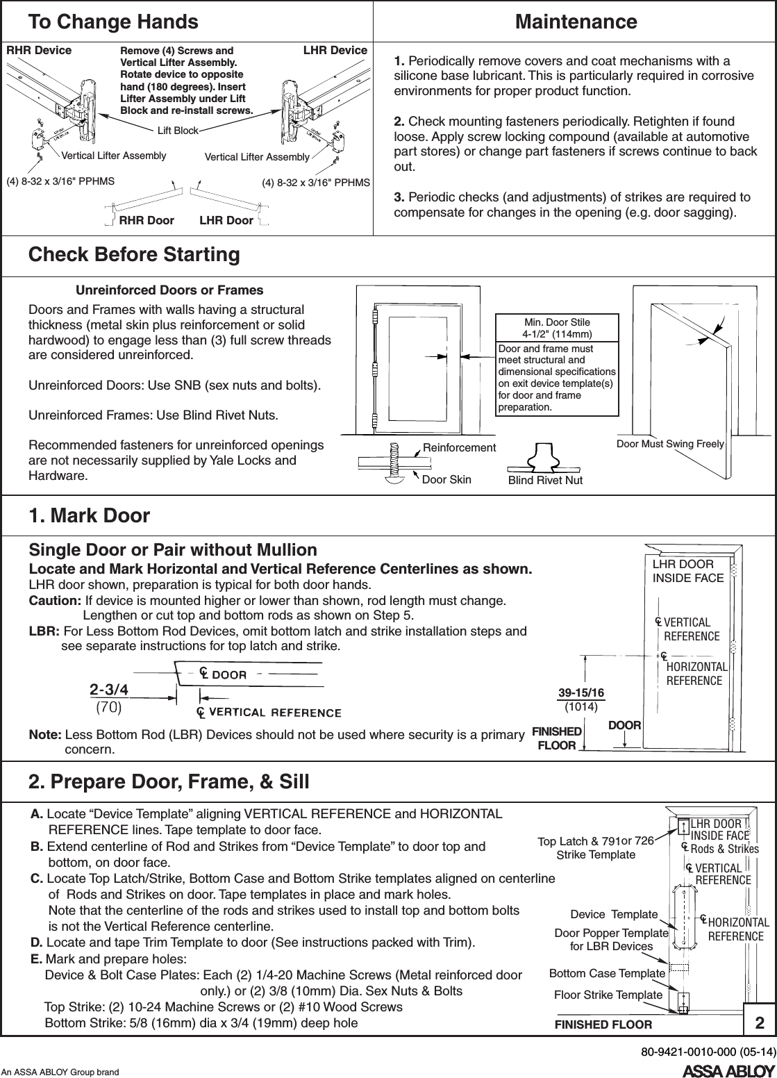 Page 2 of 10 - Yale  2110, 2170, 1810 Surface Vertical Rod Exit Device Installation Instructions 2100seriesinstallation